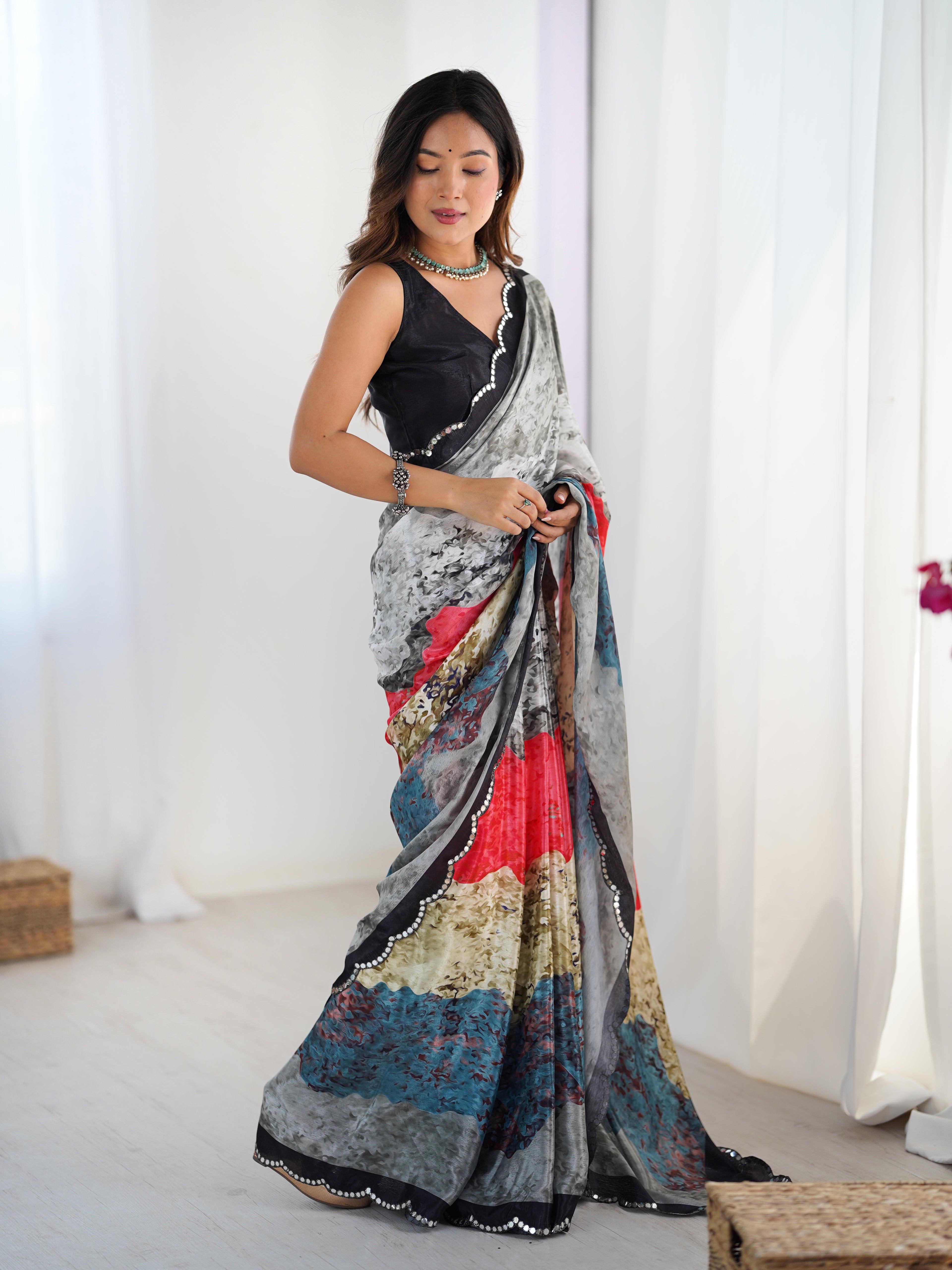 Multi-Color Chinon Digital Printed Saree | Peach Blouse with Mirror Cut Work