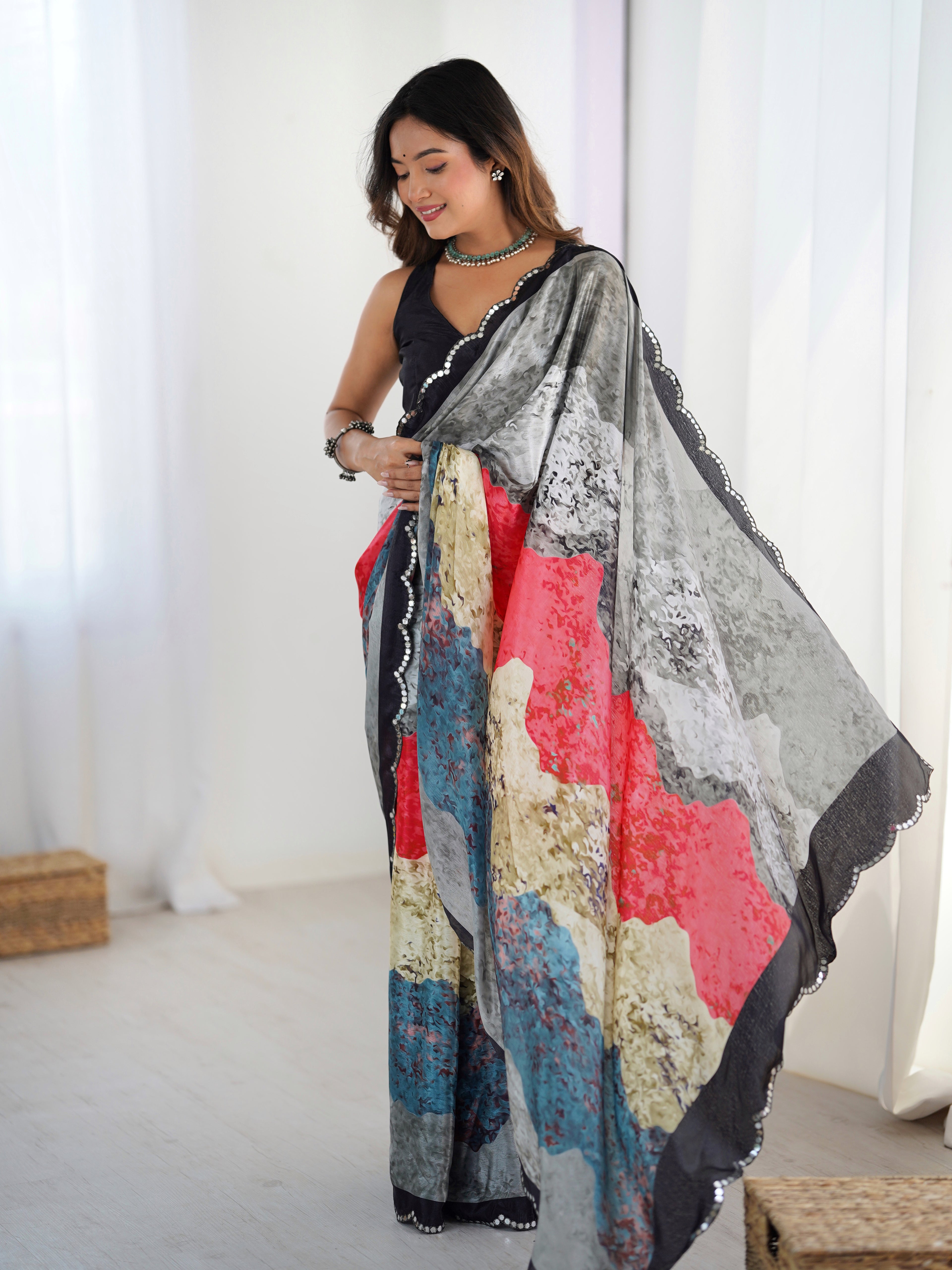 Multi-Color Chinon Digital Printed Saree | Peach Blouse with Mirror Cut Work