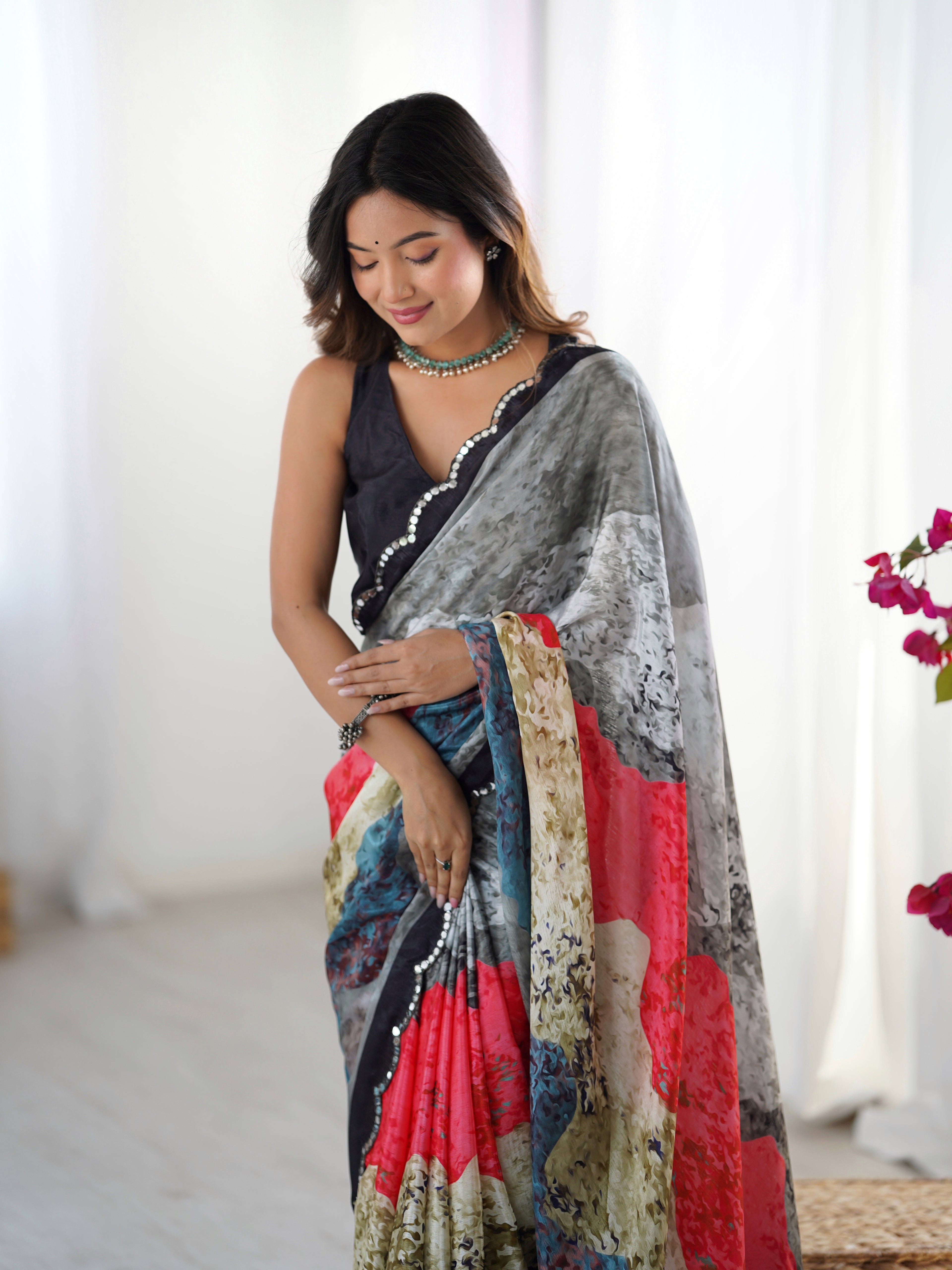 Multi-Color Chinon Digital Printed Saree | Peach Blouse with Mirror Cut Work