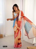 Multi-Color Chinon Digital Printed Saree | Sky Blue Blouse with Mirror Cut Work