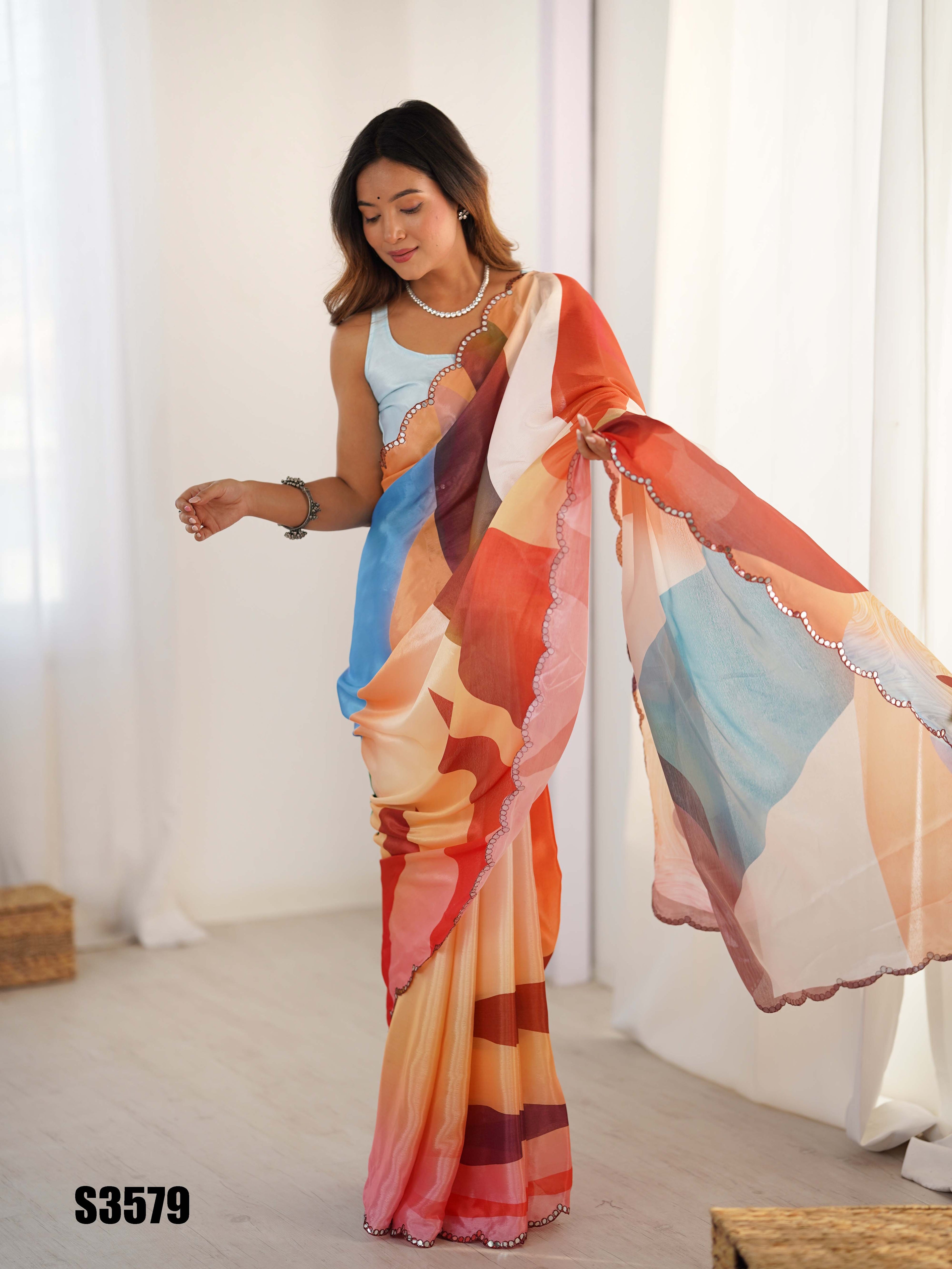 Multi-Color Chinon Digital Printed Saree | Sky Blue Blouse with Mirror Cut Work