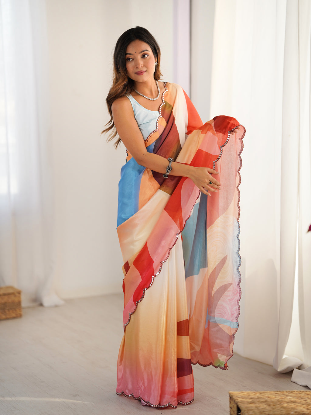 Multi-Color Chinon Digital Printed Saree | Sky Blue Blouse with Mirror Cut Work