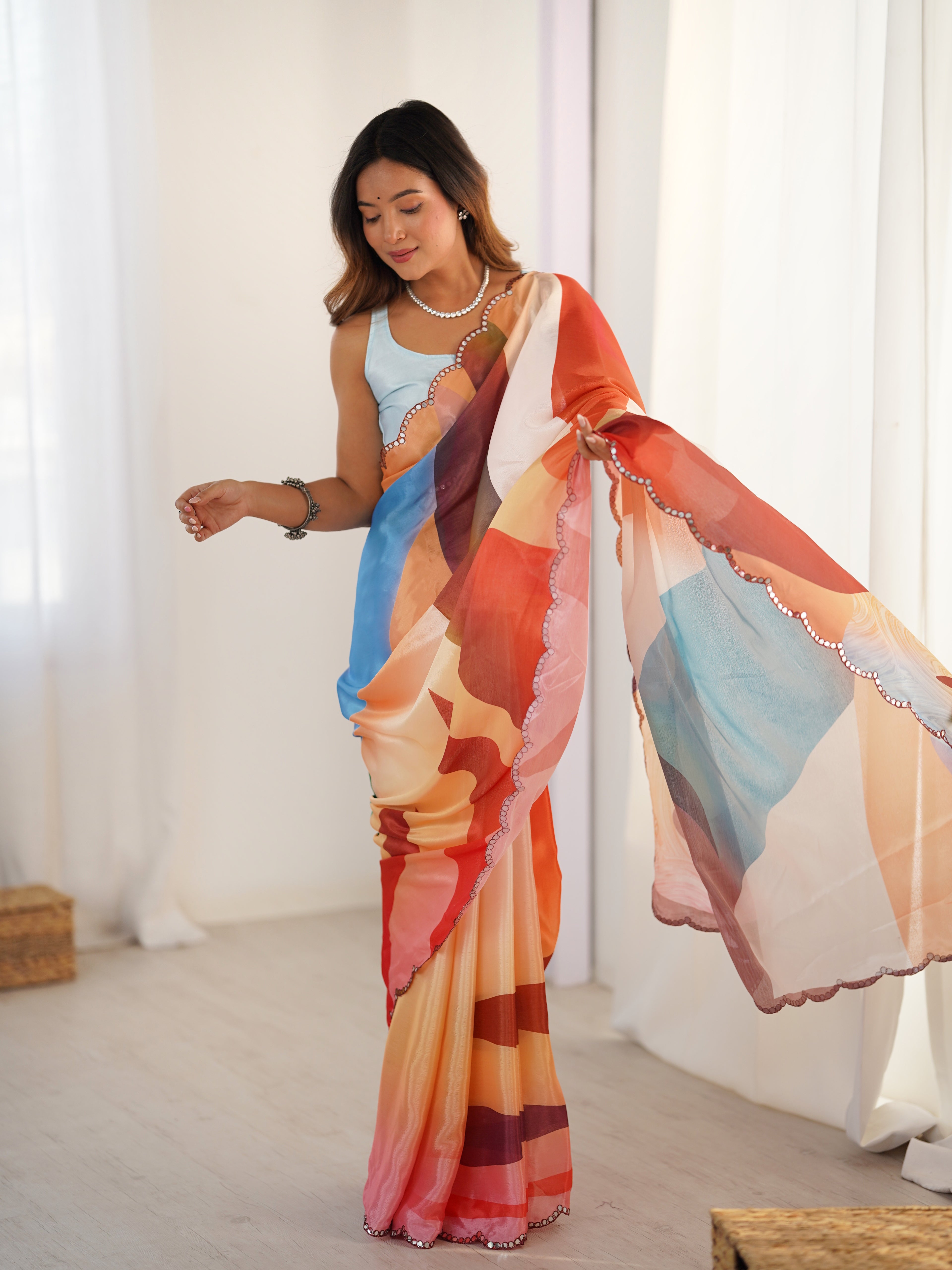 Multi-Color Chinon Digital Printed Saree | Sky Blue Blouse with Mirror Cut Work