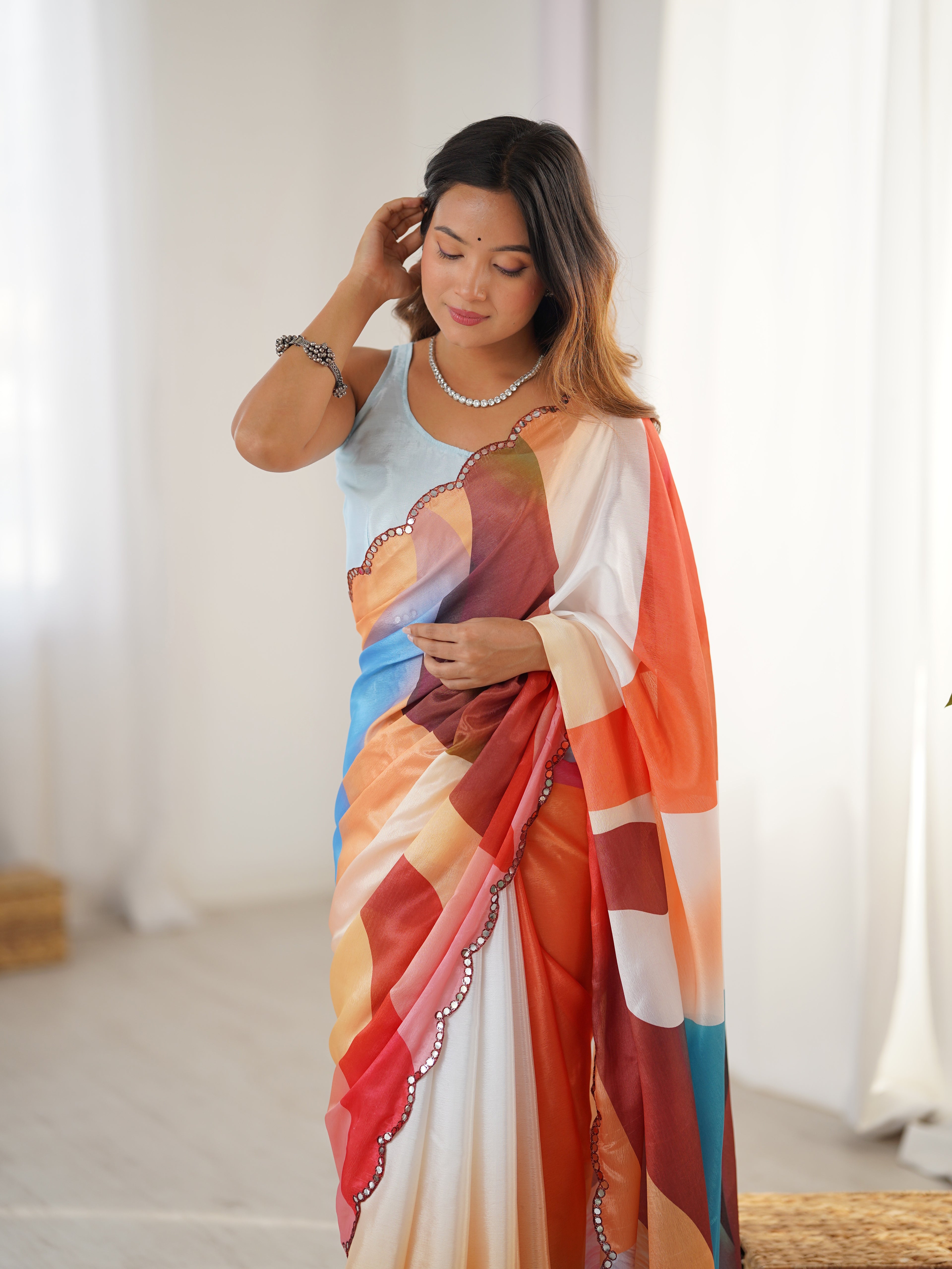 Multi-Color Chinon Digital Printed Saree | Sky Blue Blouse with Mirror Cut Work