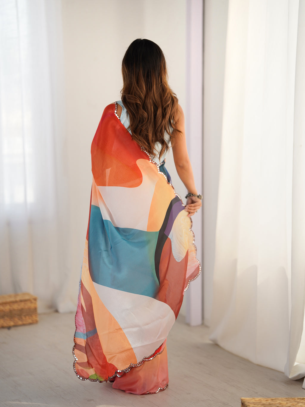 Multi-Color Chinon Digital Printed Saree | Sky Blue Blouse with Mirror Cut Work