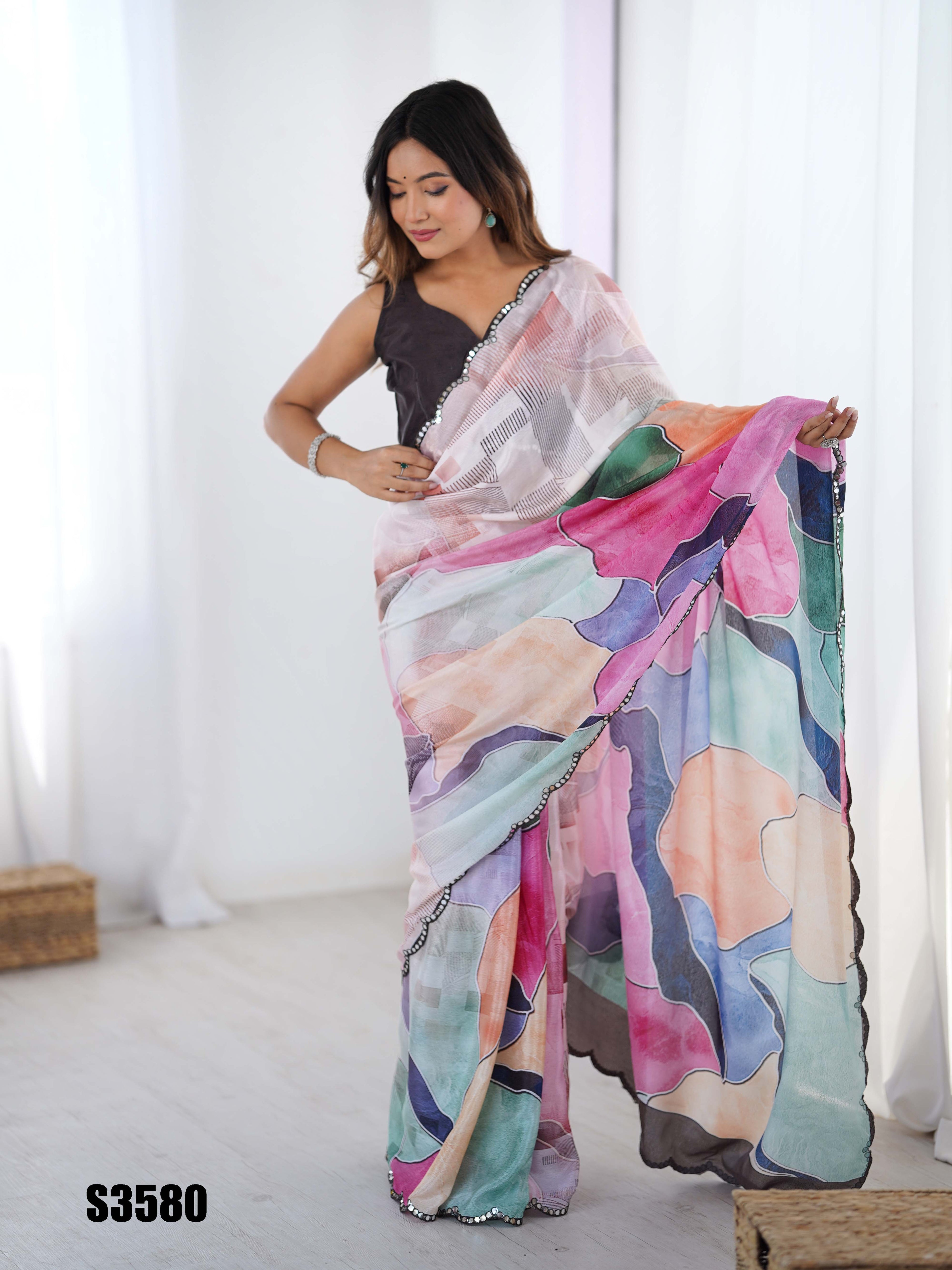 Multi-Color Chinon Digital Printed Saree | Black Blouse with Mirror Cut Work