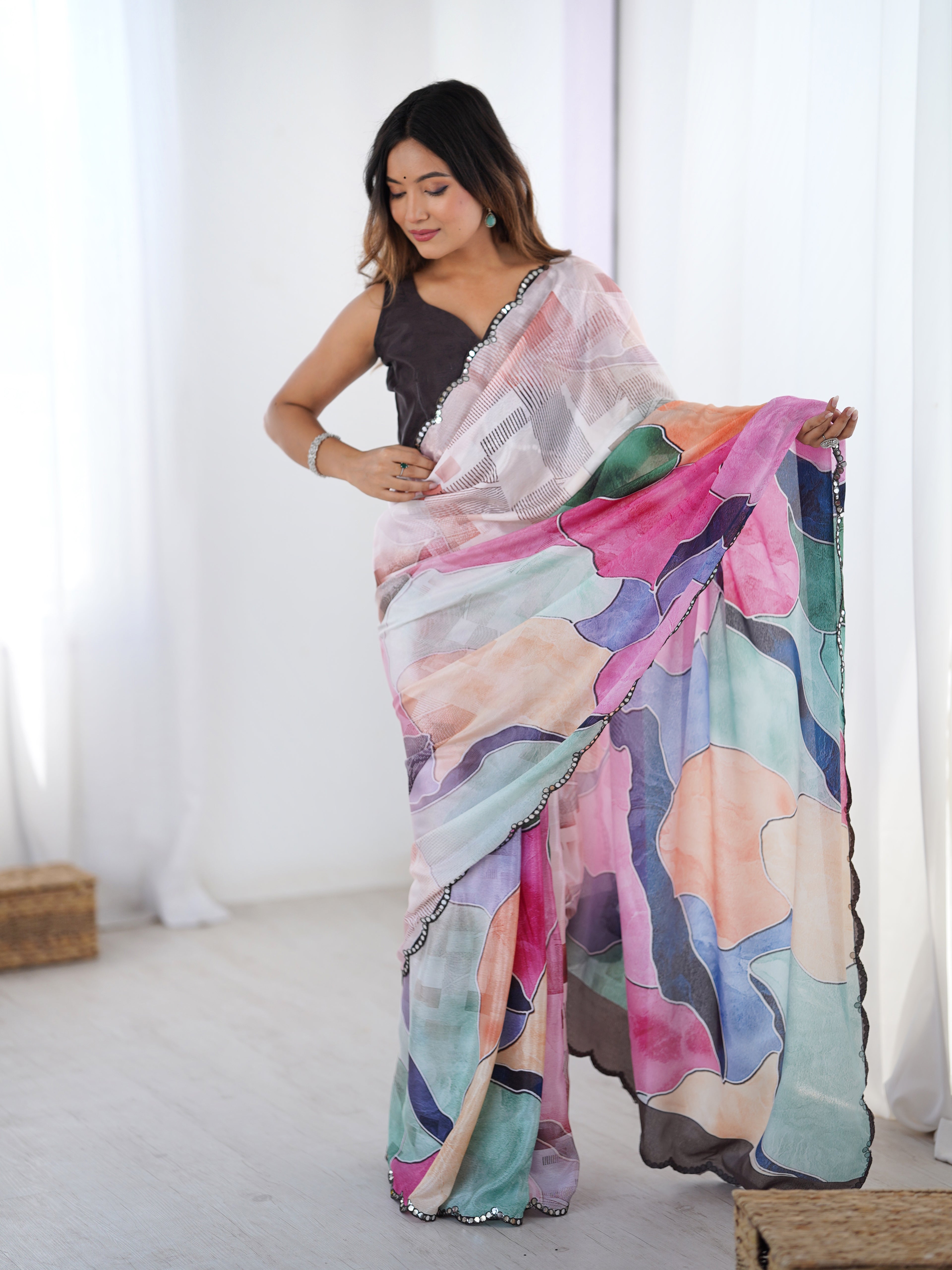 Multi-Color Chinon Digital Printed Saree | Black Blouse with Mirror Cut Work