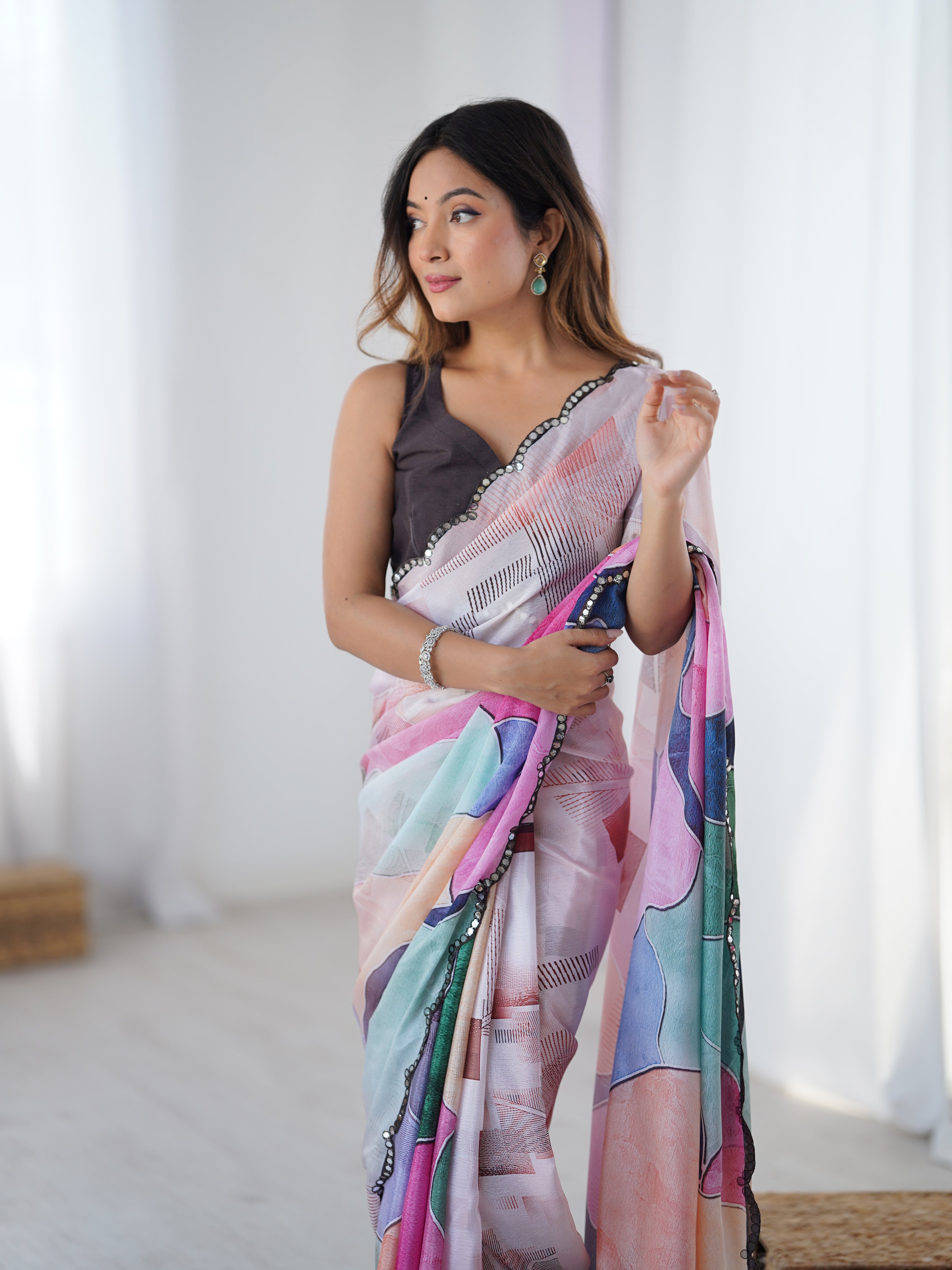 Multi-Color Chinon Digital Printed Saree | Black Blouse with Mirror Cut Work