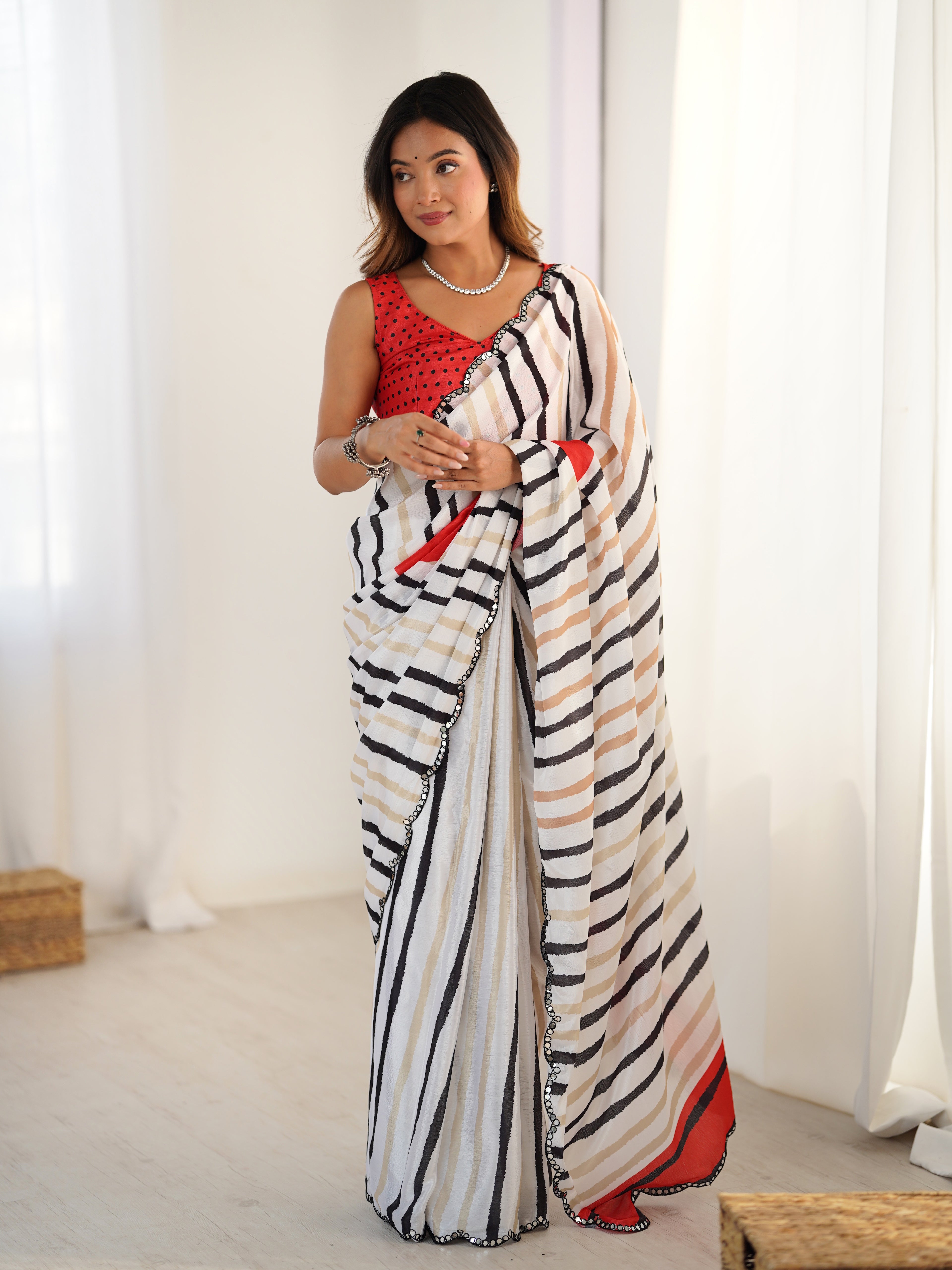 White Chinon Digital Printed Saree | Rust Blouse with Mirror Cut Work