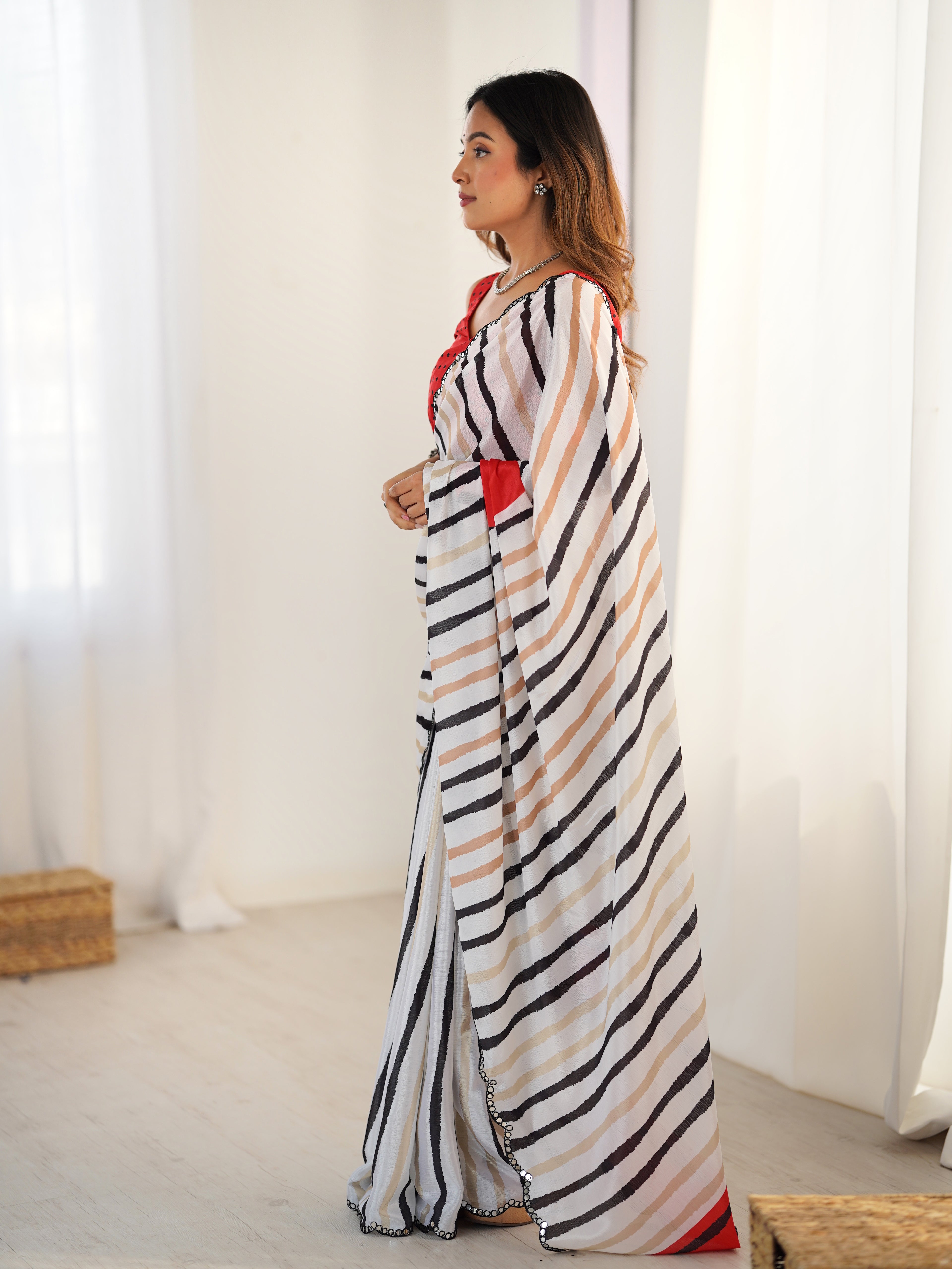 White Chinon Digital Printed Saree | Rust Blouse with Mirror Cut Work