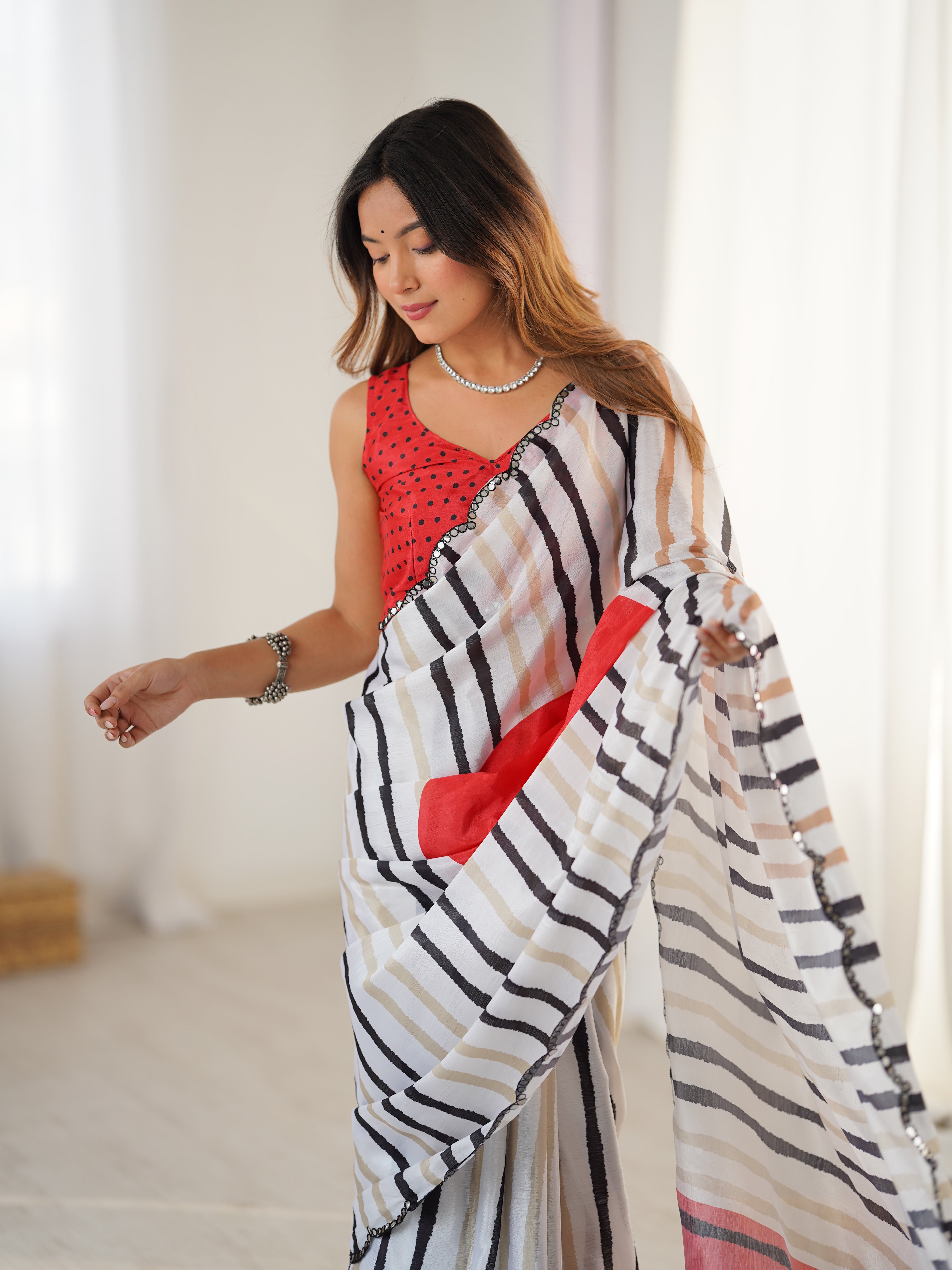 White Chinon Digital Printed Saree | Rust Blouse with Mirror Cut Work