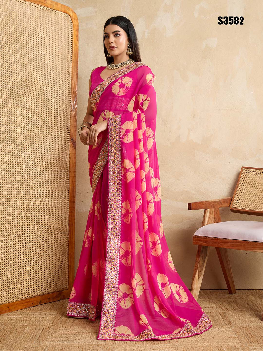 Pink Georgette Party Wear Saree | Art Silk Blouse with Embroidered Lace Border