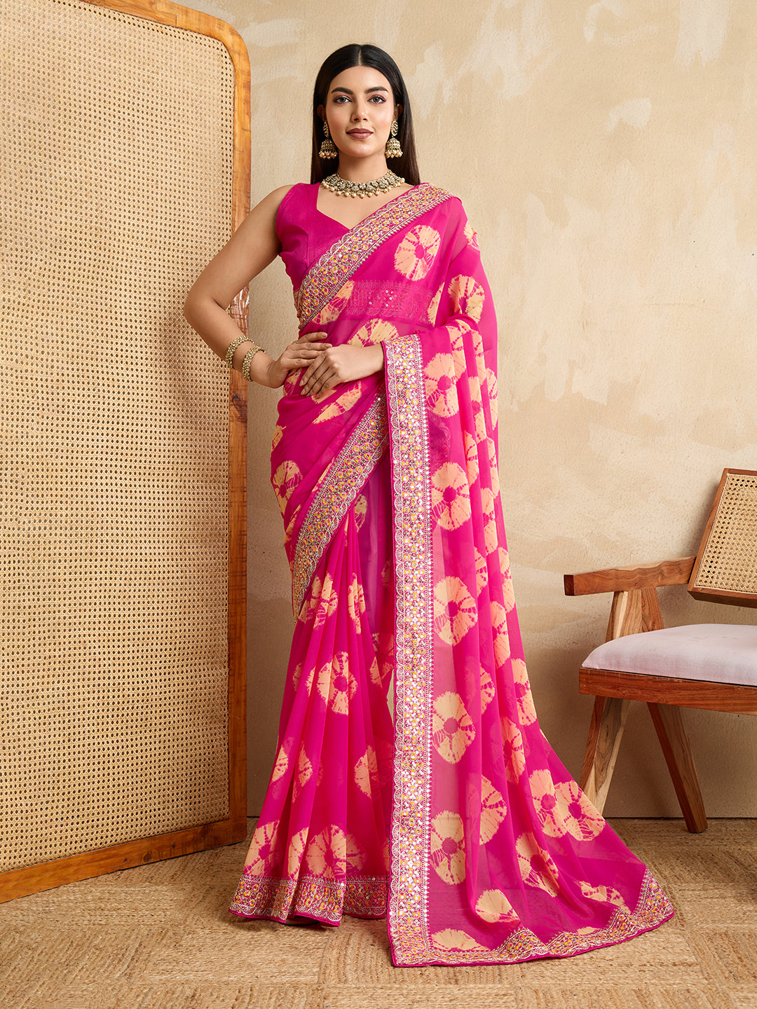 Pink Georgette Party Wear Saree | Art Silk Blouse with Embroidered Lace Border