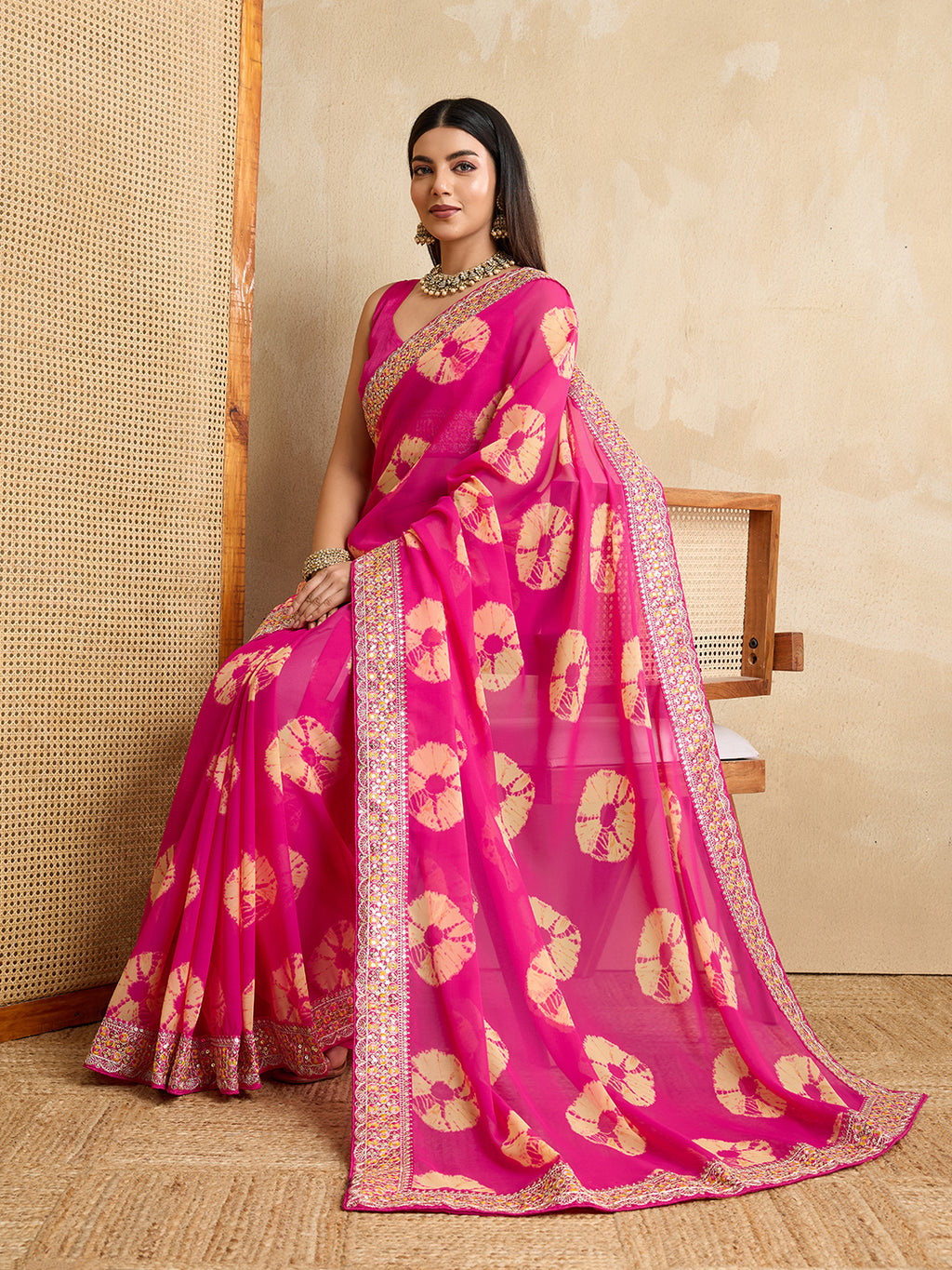 Pink Georgette Party Wear Saree | Art Silk Blouse with Embroidered Lace Border