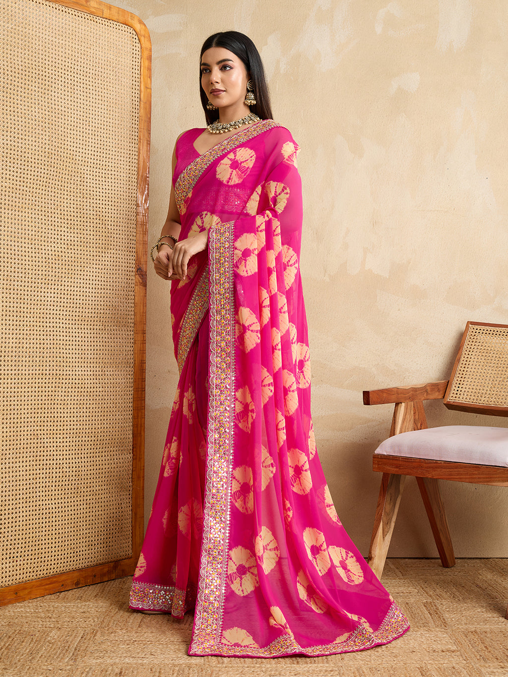 Pink Georgette Party Wear Saree | Art Silk Blouse with Embroidered Lace Border