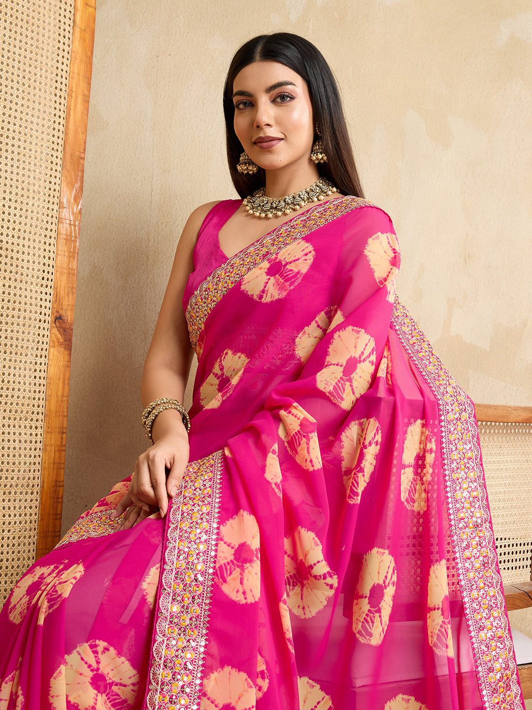 Pink Georgette Party Wear Saree | Art Silk Blouse with Embroidered Lace Border