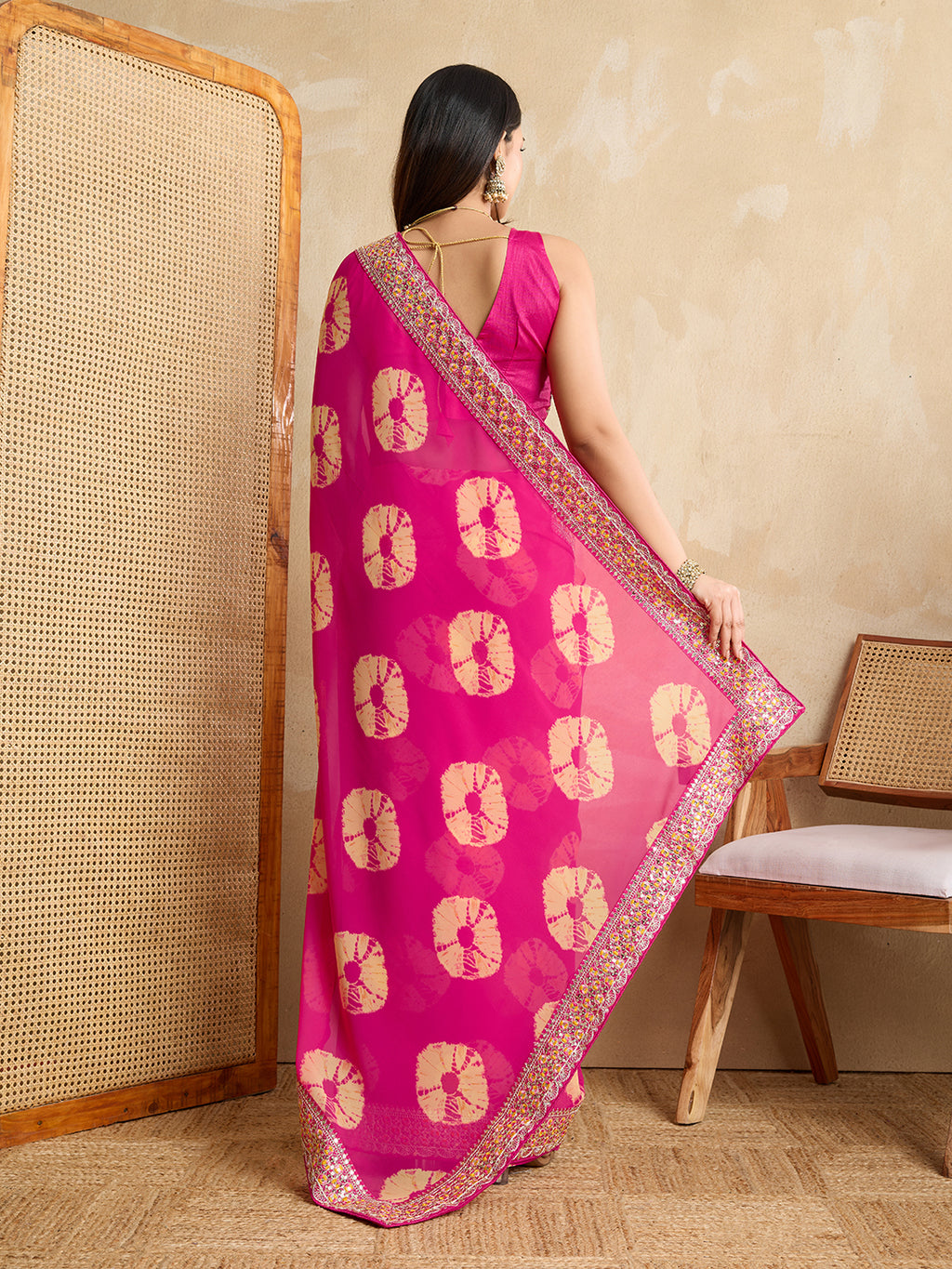 Pink Georgette Party Wear Saree | Art Silk Blouse with Embroidered Lace Border