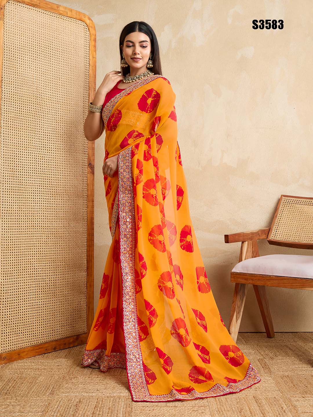 Yellow Georgette Party Wear Saree | Red Art Silk Blouse with Embroidered Lace Border