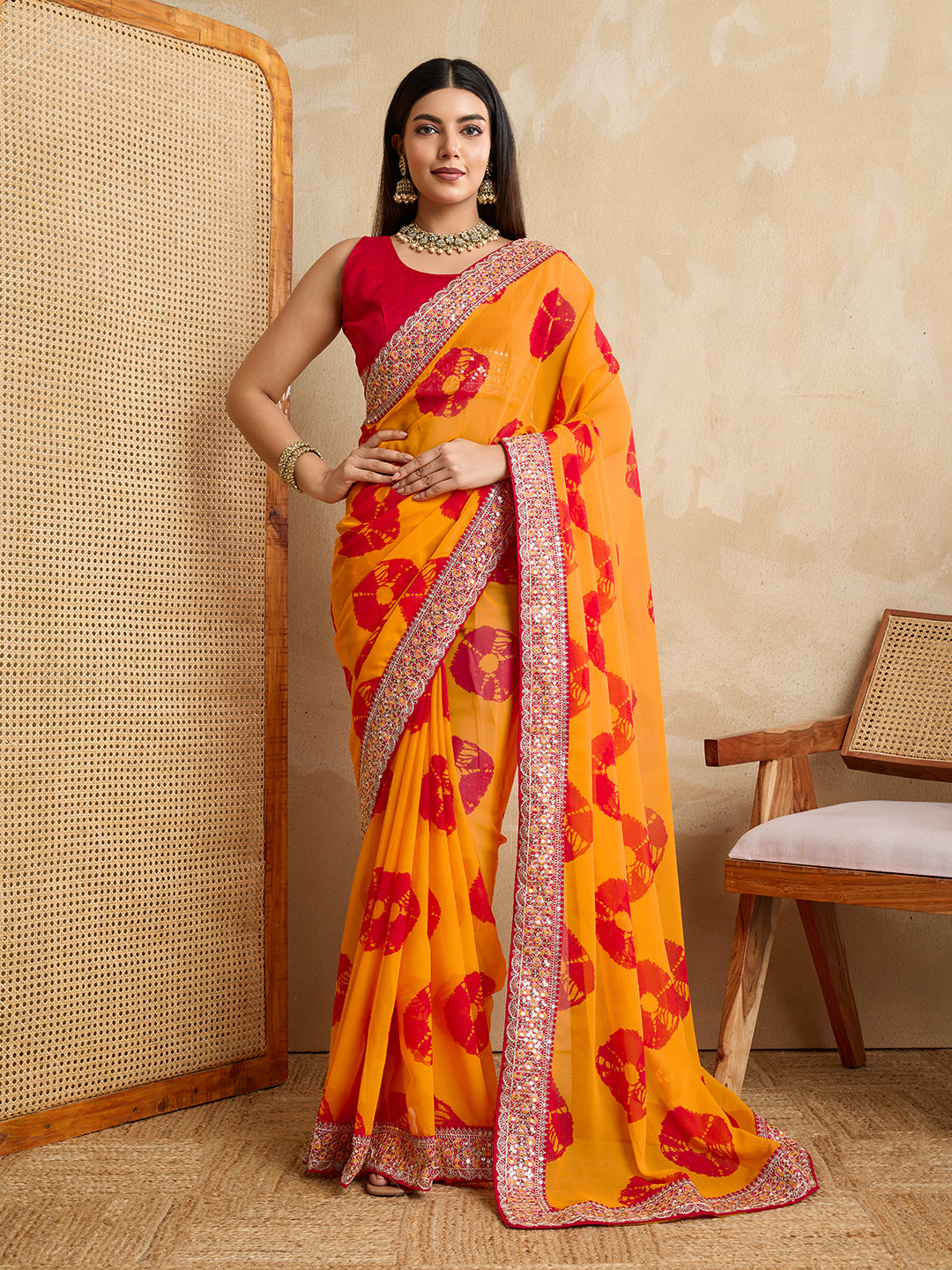 Yellow Georgette Party Wear Saree | Red Art Silk Blouse with Embroidered Lace Border