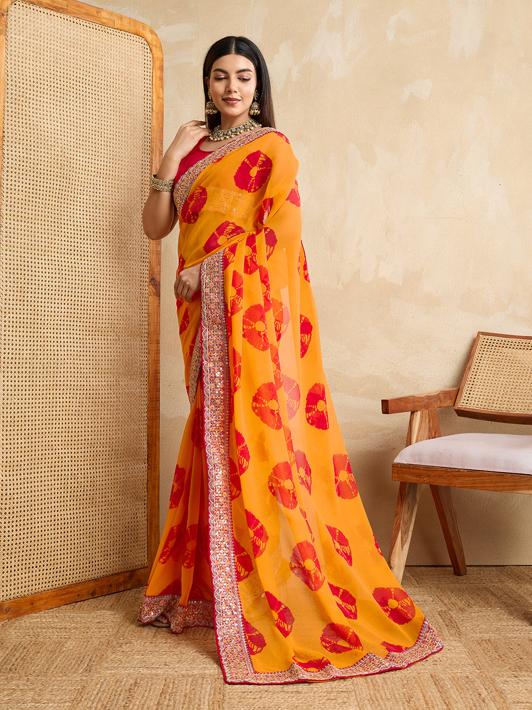 Yellow Georgette Party Wear Saree | Red Art Silk Blouse with Embroidered Lace Border