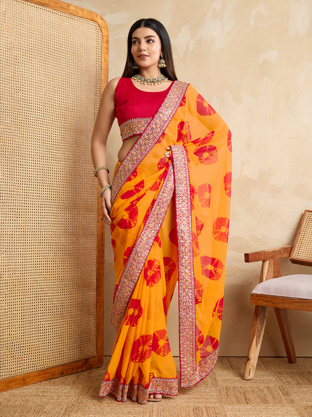 Yellow Georgette Party Wear Saree | Red Art Silk Blouse with Embroidered Lace Border