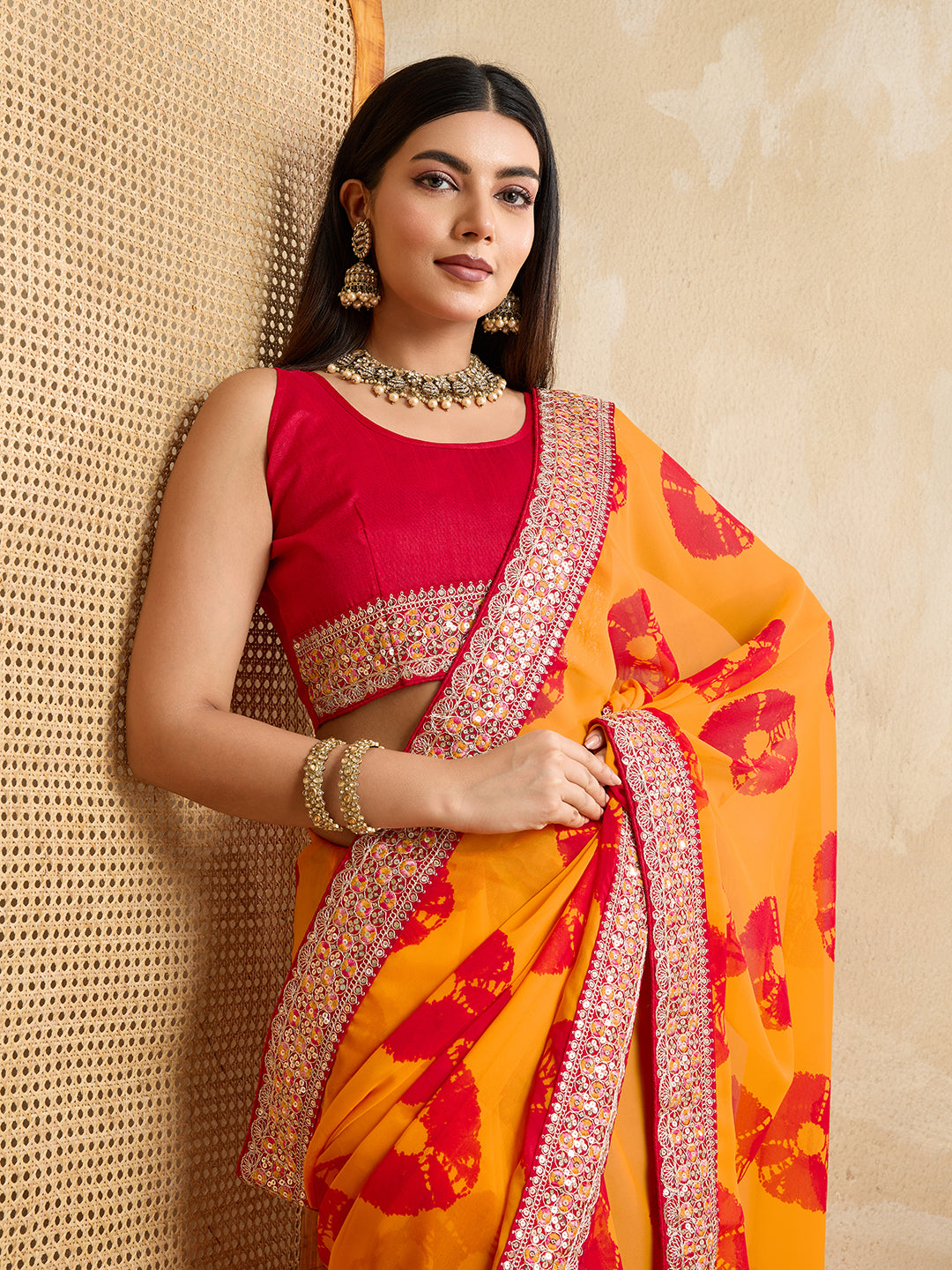 Yellow Georgette Party Wear Saree | Red Art Silk Blouse with Embroidered Lace Border