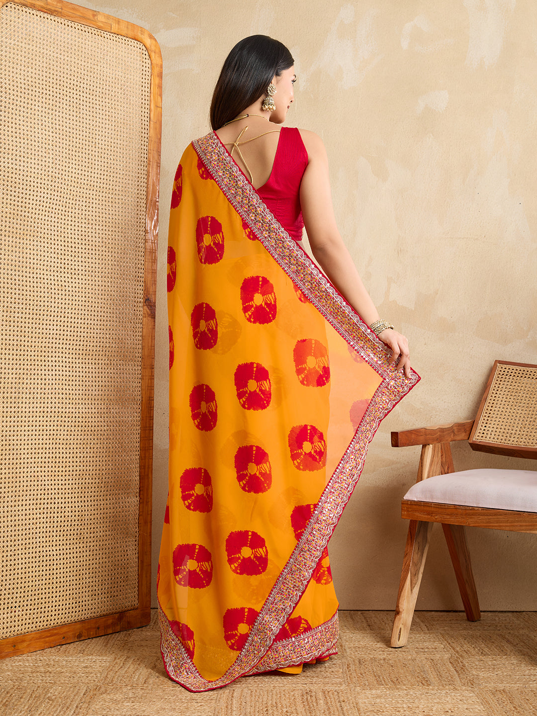 Yellow Georgette Party Wear Saree | Red Art Silk Blouse with Embroidered Lace Border
