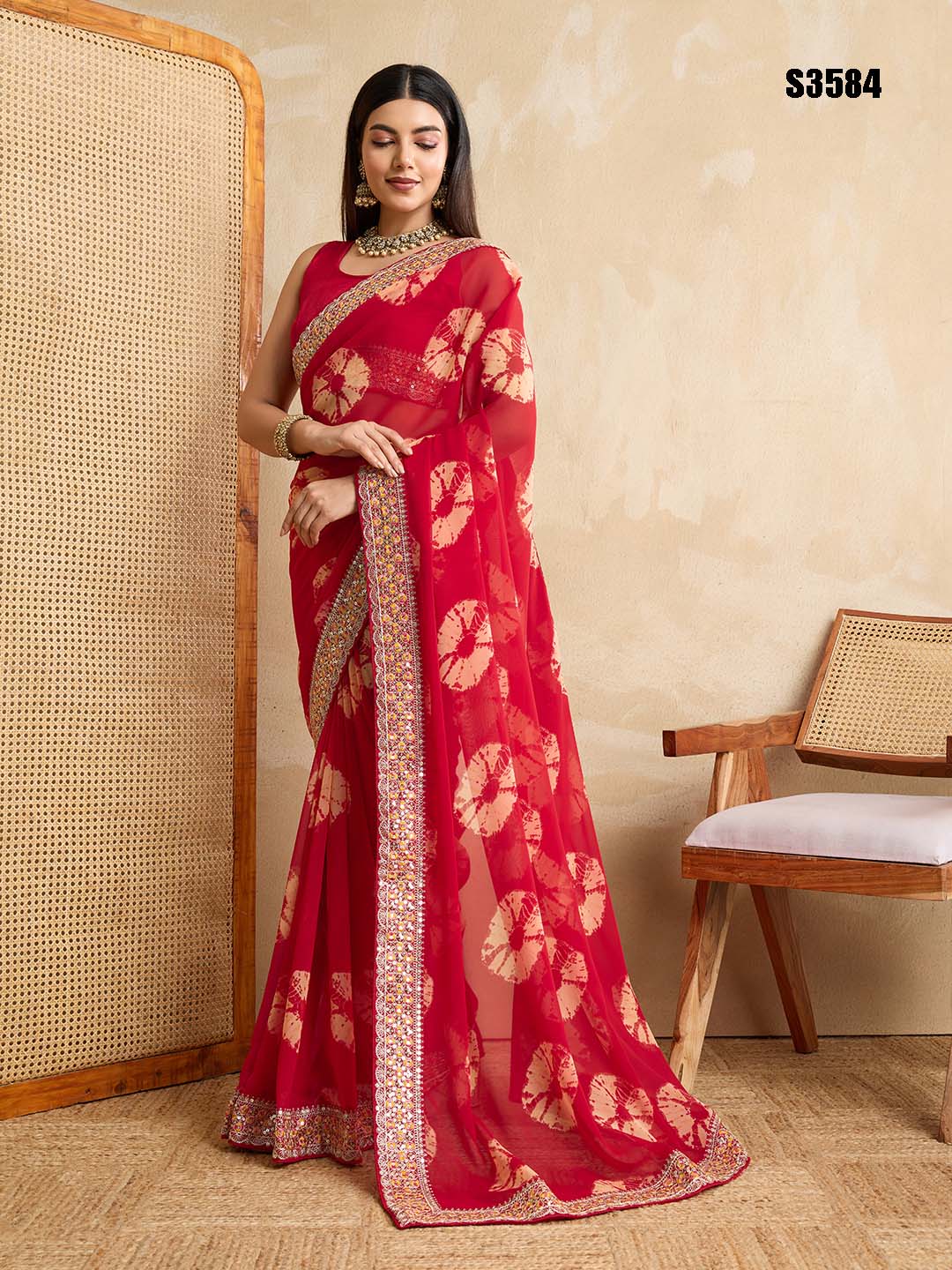 Red Georgette Party Wear Saree | Art Silk Blouse with Embroidered Lace Border