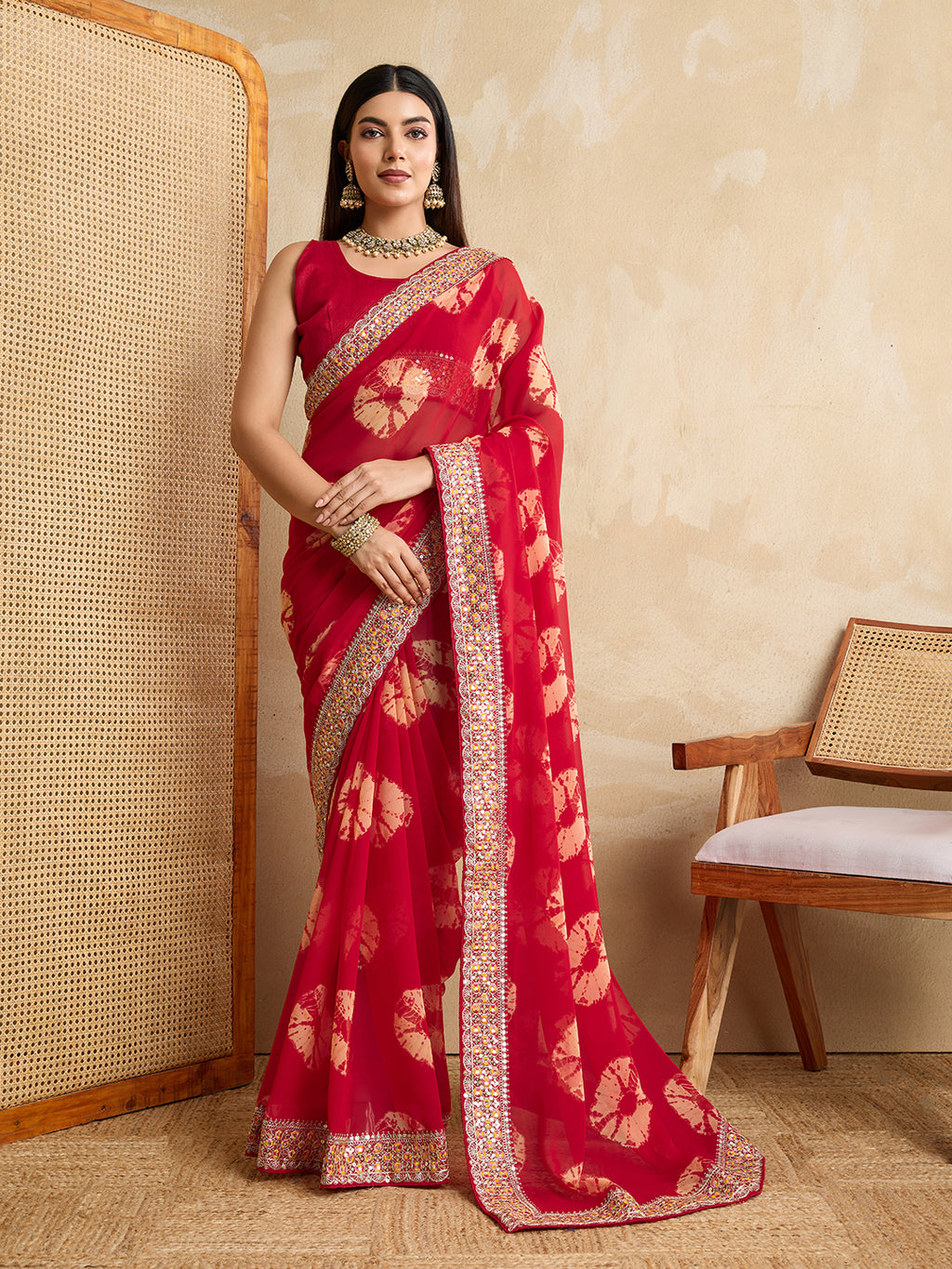 Red Georgette Party Wear Saree | Art Silk Blouse with Embroidered Lace Border