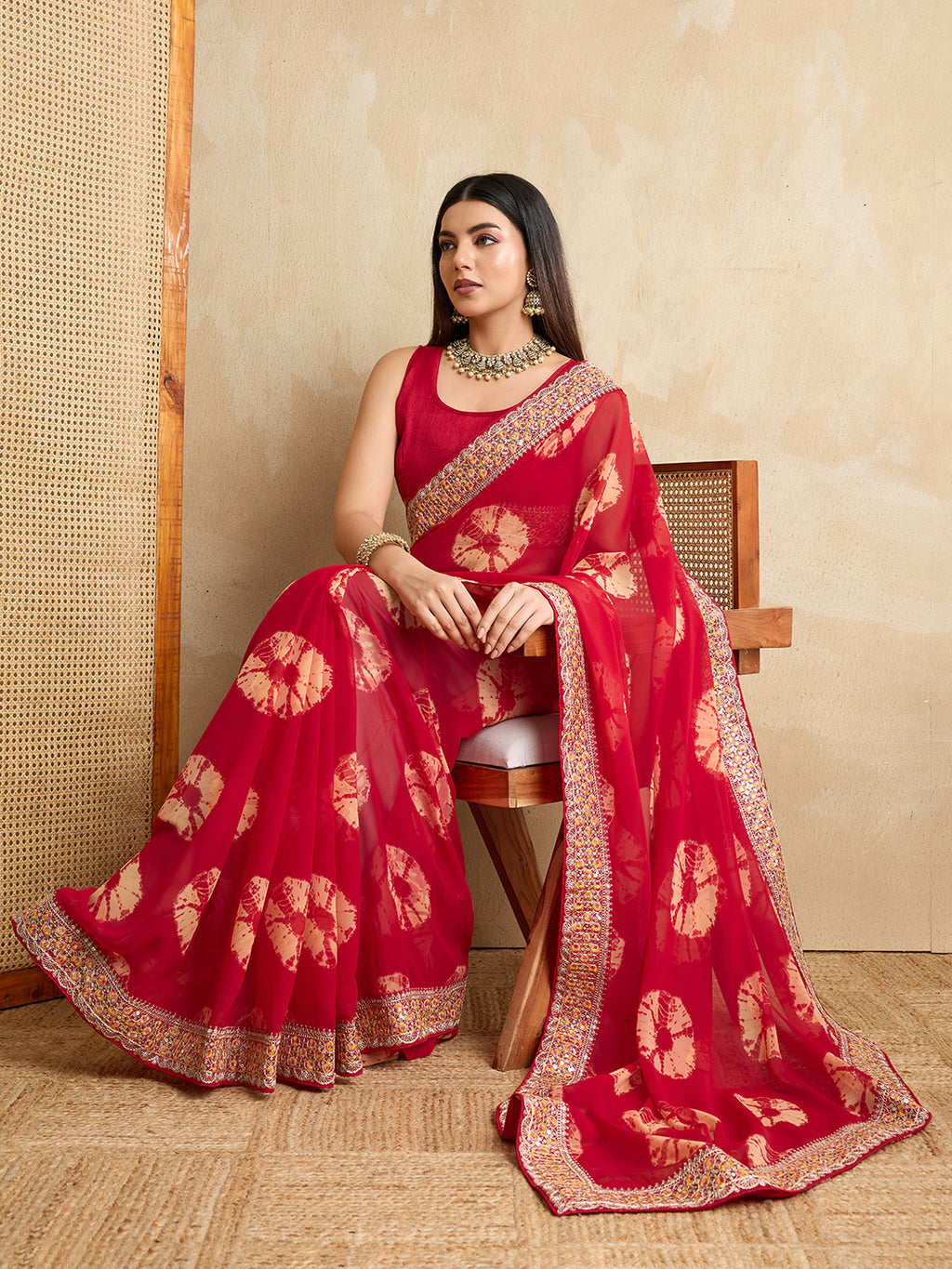 Red Georgette Party Wear Saree | Art Silk Blouse with Embroidered Lace Border