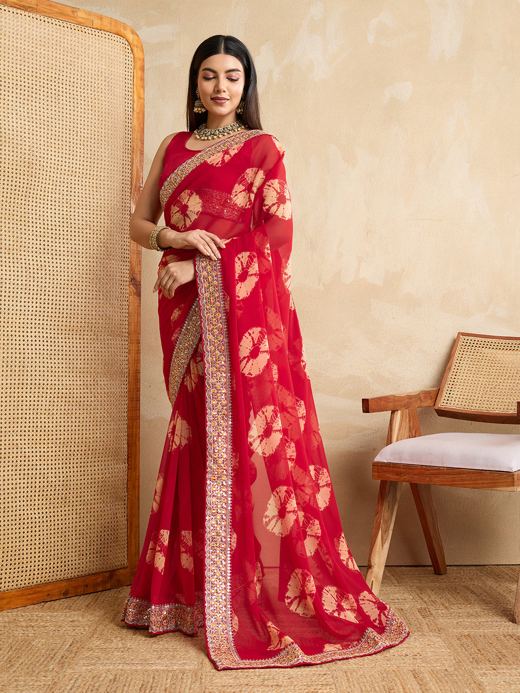 Red Georgette Party Wear Saree | Art Silk Blouse with Embroidered Lace Border