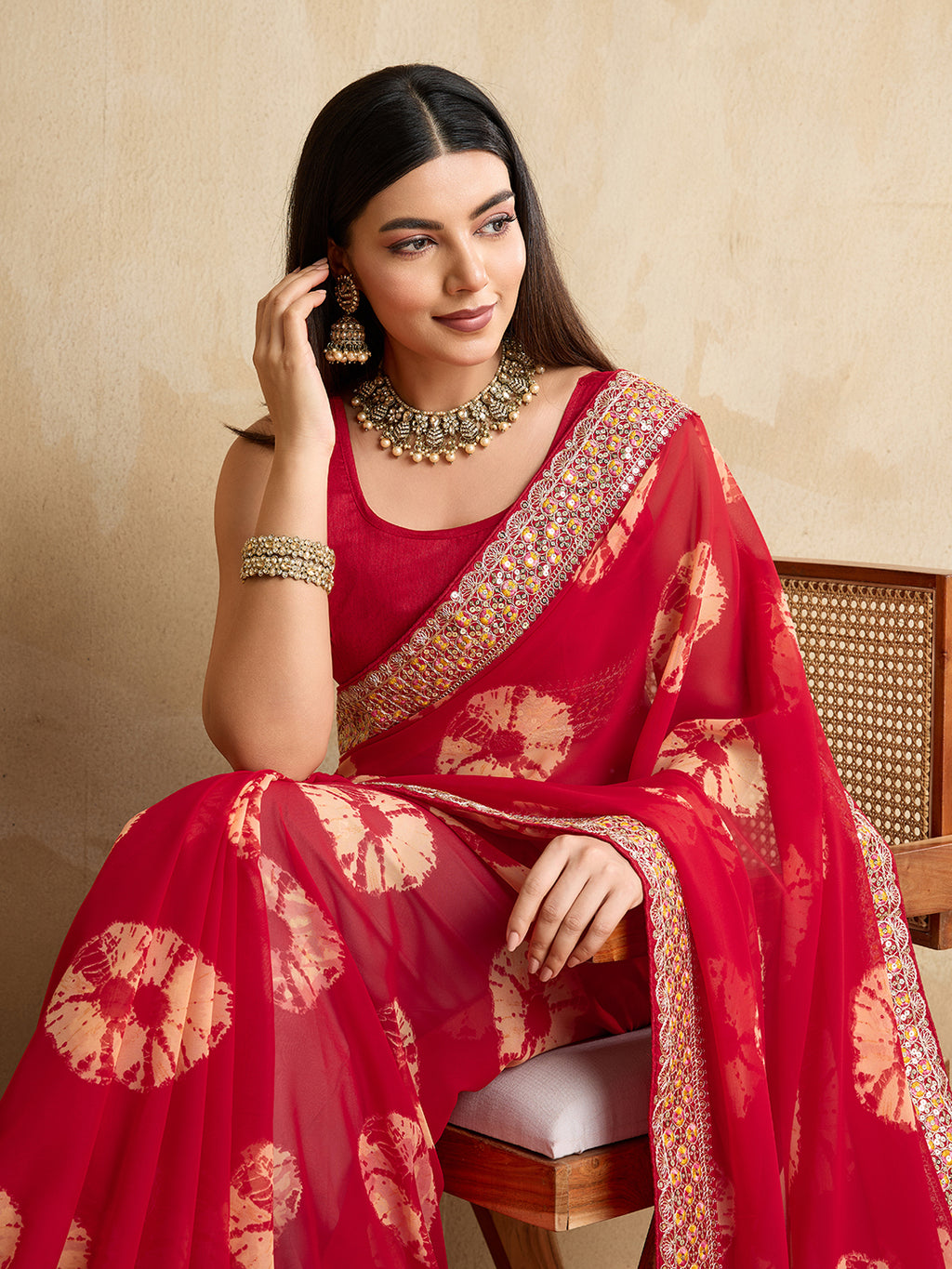 Red Georgette Party Wear Saree | Art Silk Blouse with Embroidered Lace Border