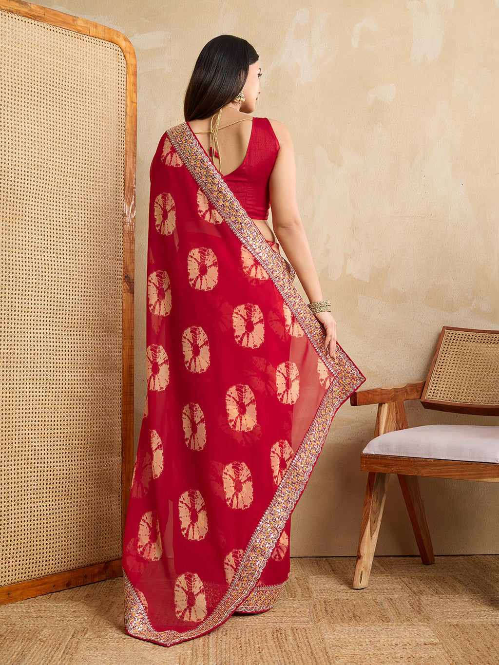 Red Georgette Party Wear Saree | Art Silk Blouse with Embroidered Lace Border