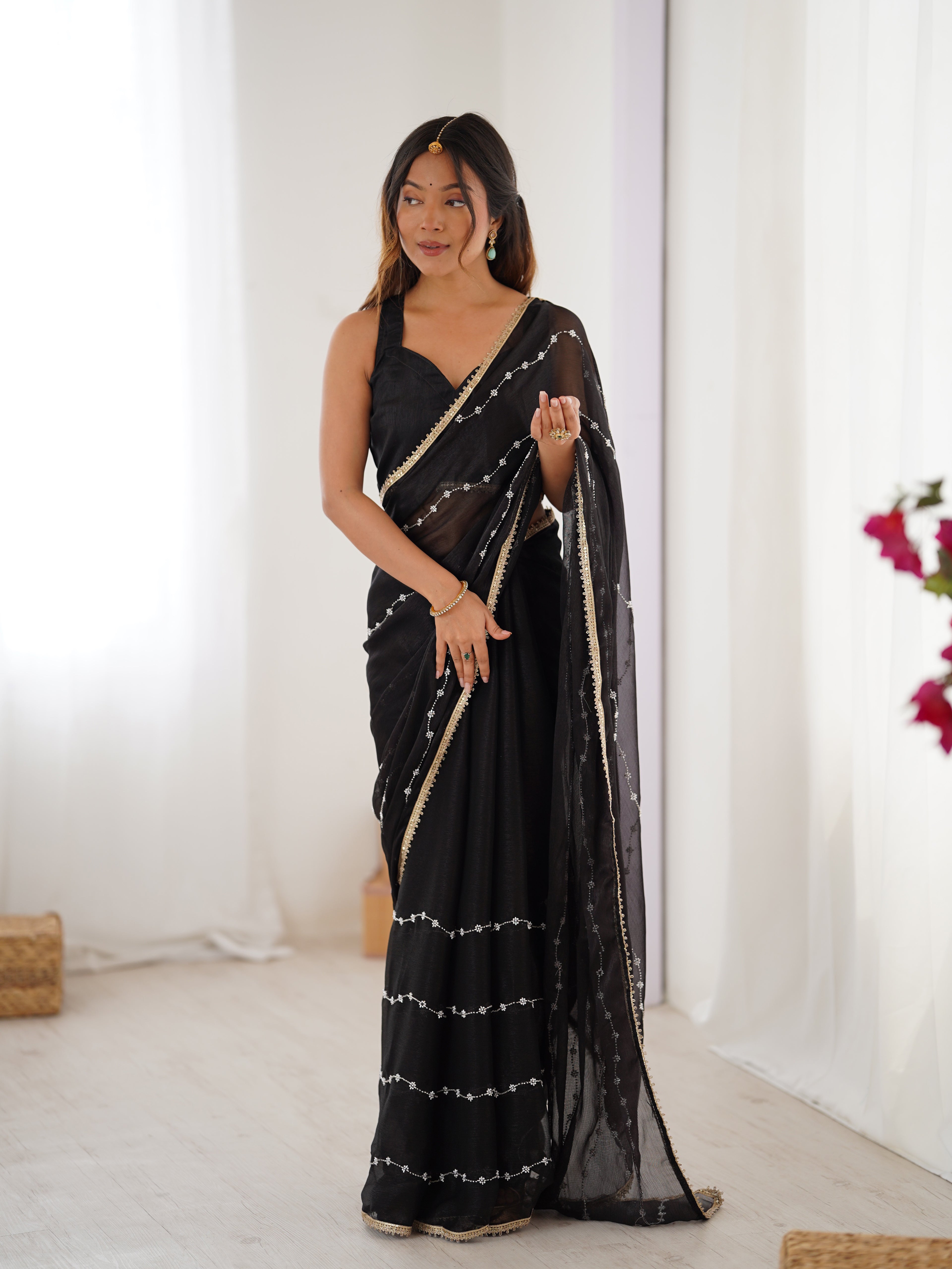 Midnight Black Sitara Chiffon Saree | Beads Moti & Val Sequance Embroidery with Lace Border