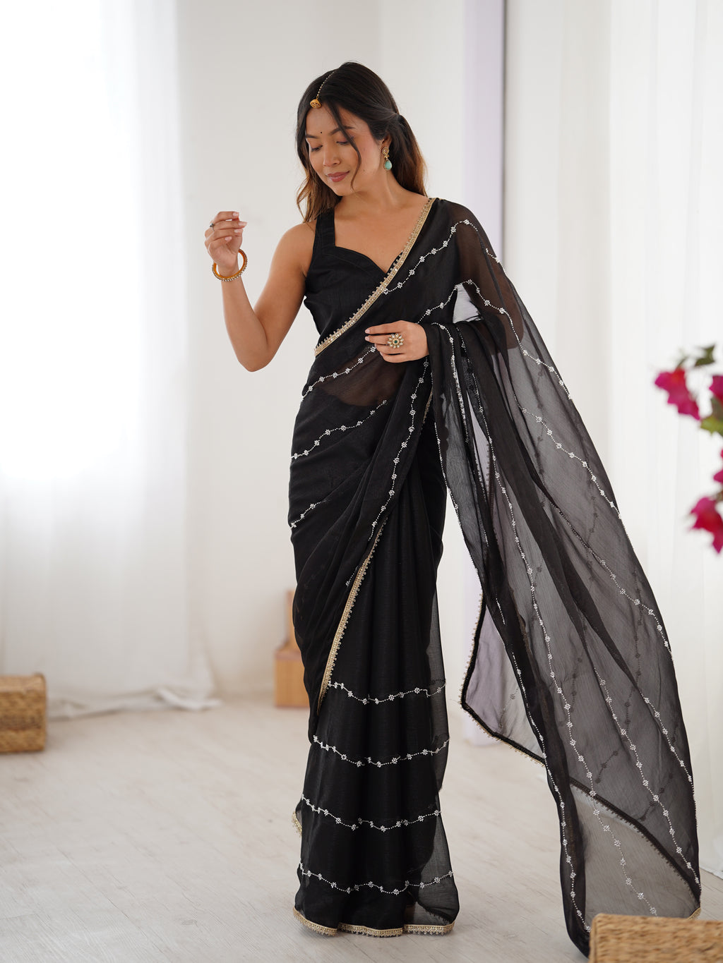Midnight Black Sitara Chiffon Saree | Beads Moti & Val Sequance Embroidery with Lace Border