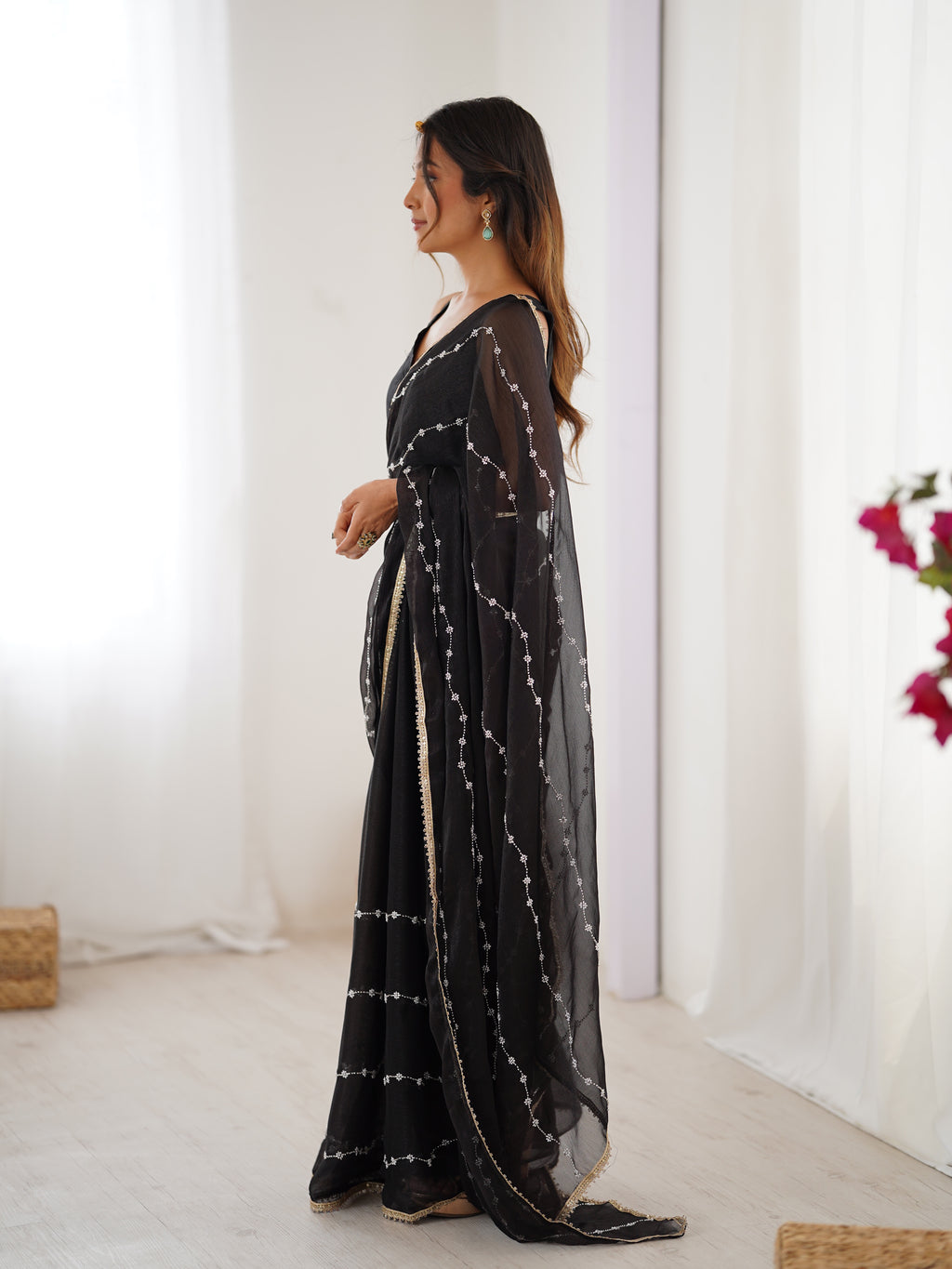 Midnight Black Sitara Chiffon Saree | Beads Moti & Val Sequance Embroidery with Lace Border