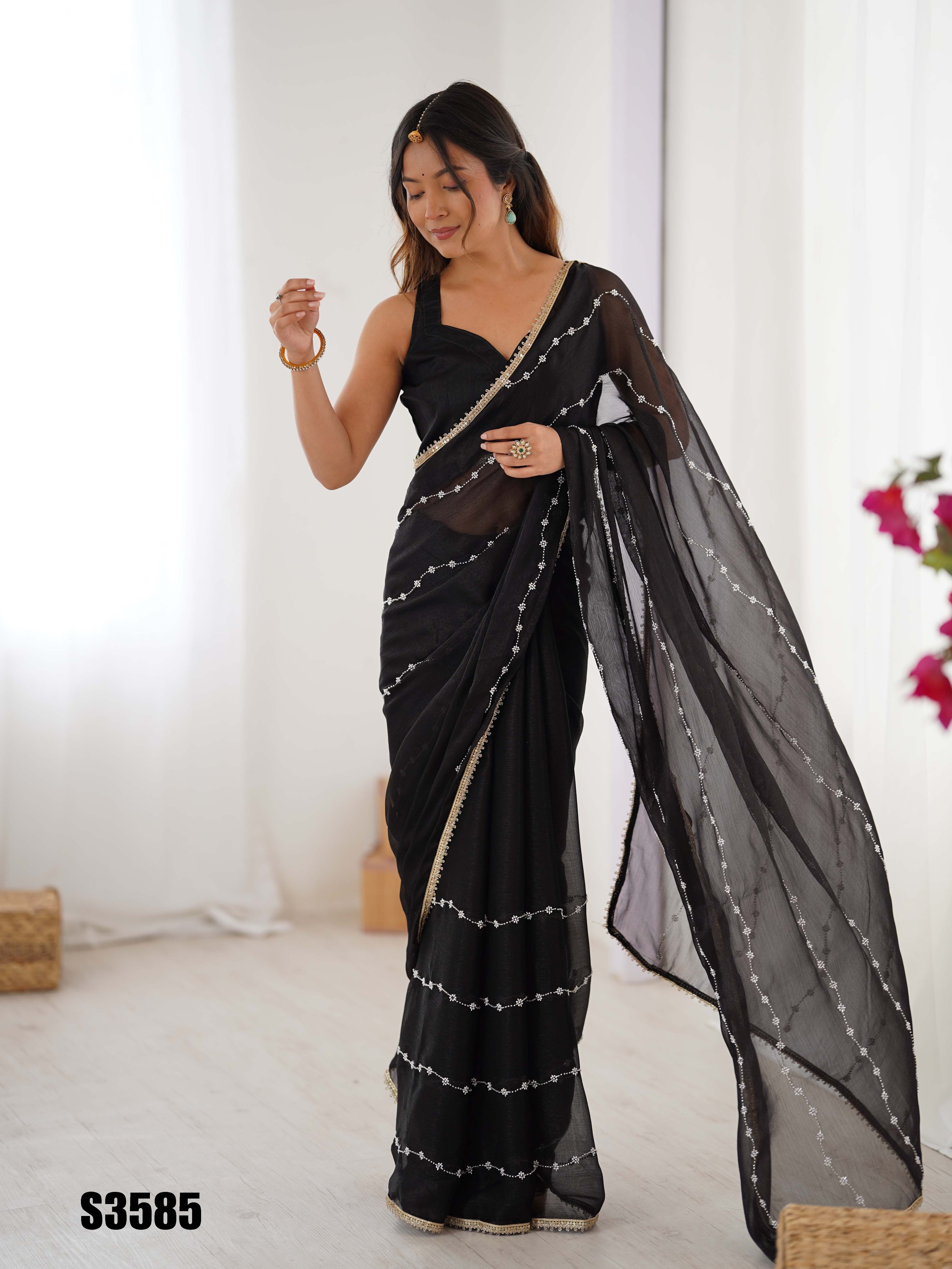 Midnight Black Sitara Chiffon Saree | Designer Beads Moti & Val Sequance Work