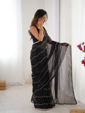 Midnight Black Sitara Chiffon Saree | Beads Moti & Val Sequance Embroidery with Lace Border