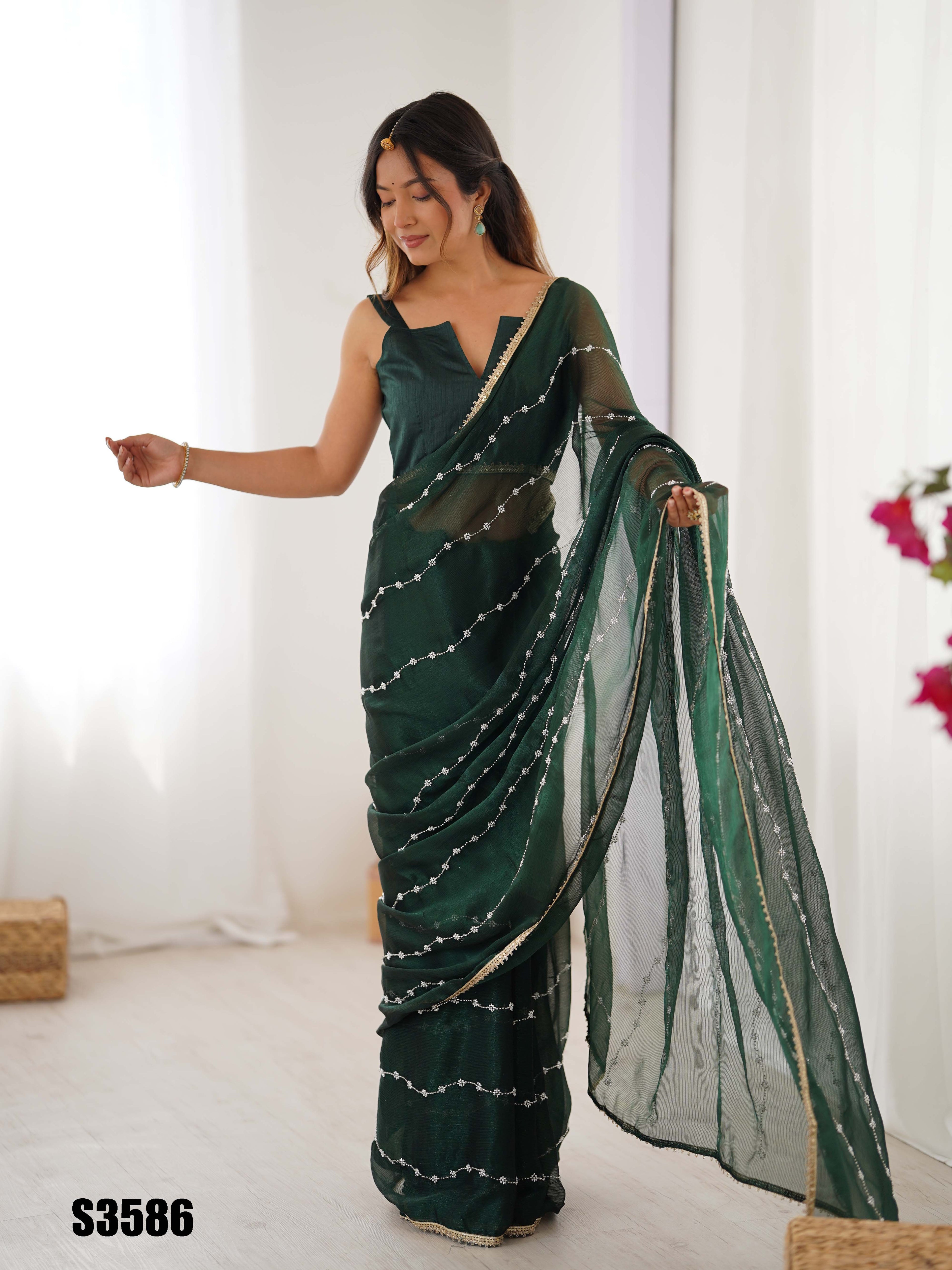 Enchanting Green Sitara Chiffon Saree | Designer Beads Moti & Val Sequance Work