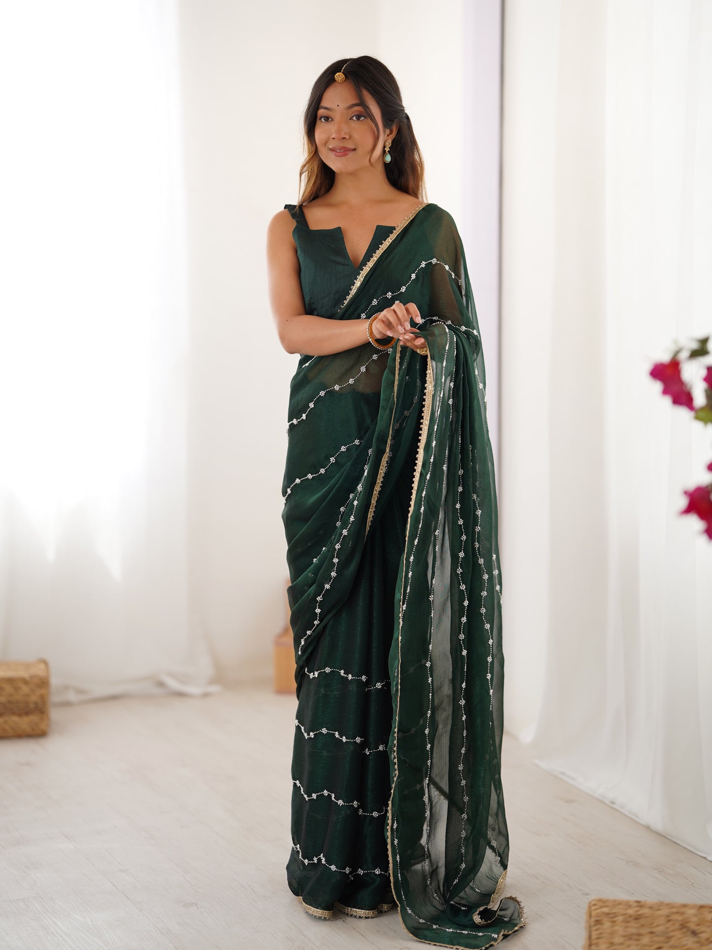 Emerald Green Sitara Chiffon Saree | Beads Moti & Val Sequance Embroidery with Lace Border
