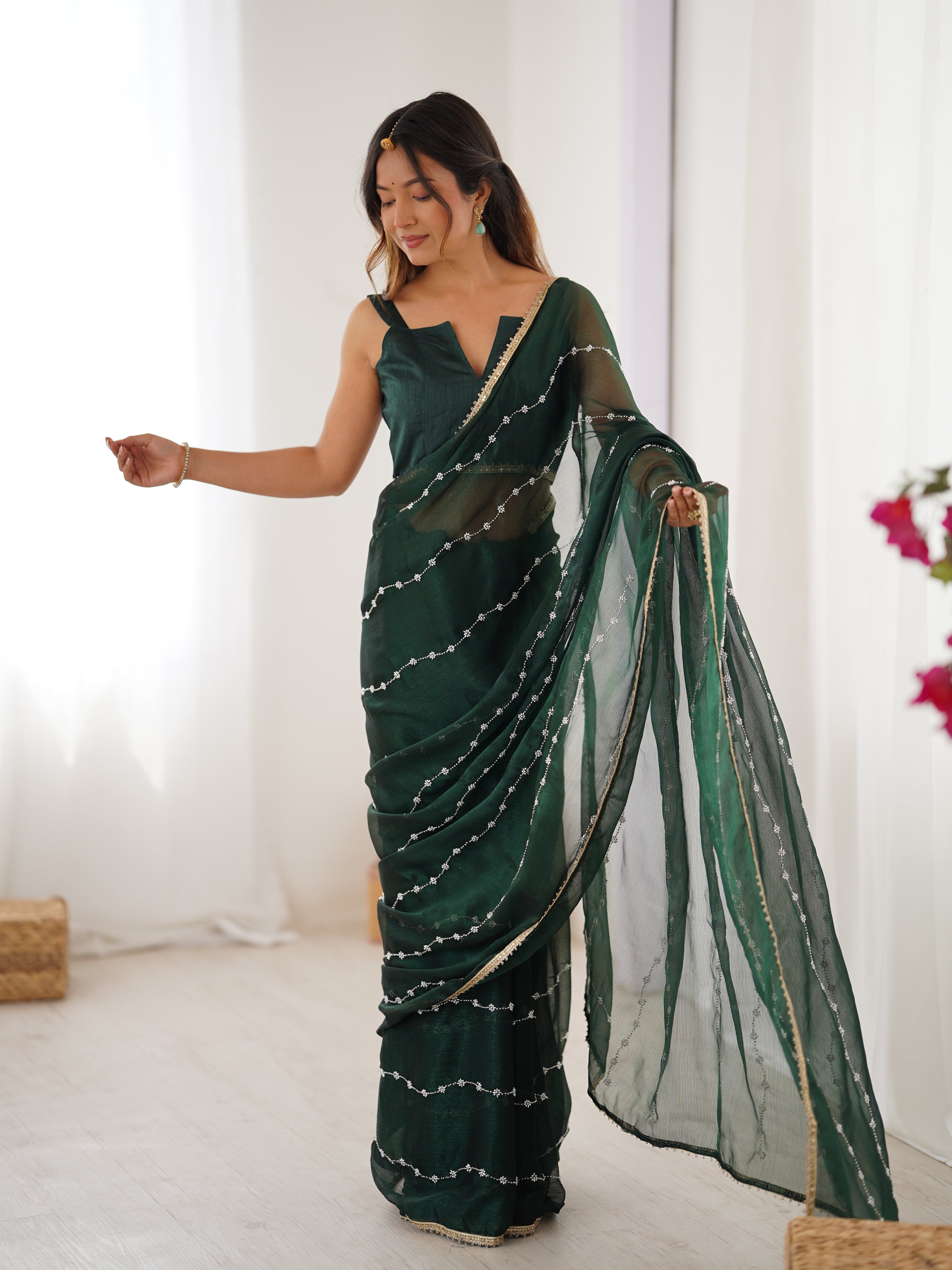 Emerald Green Sitara Chiffon Saree | Beads Moti & Val Sequance Embroidery with Lace Border