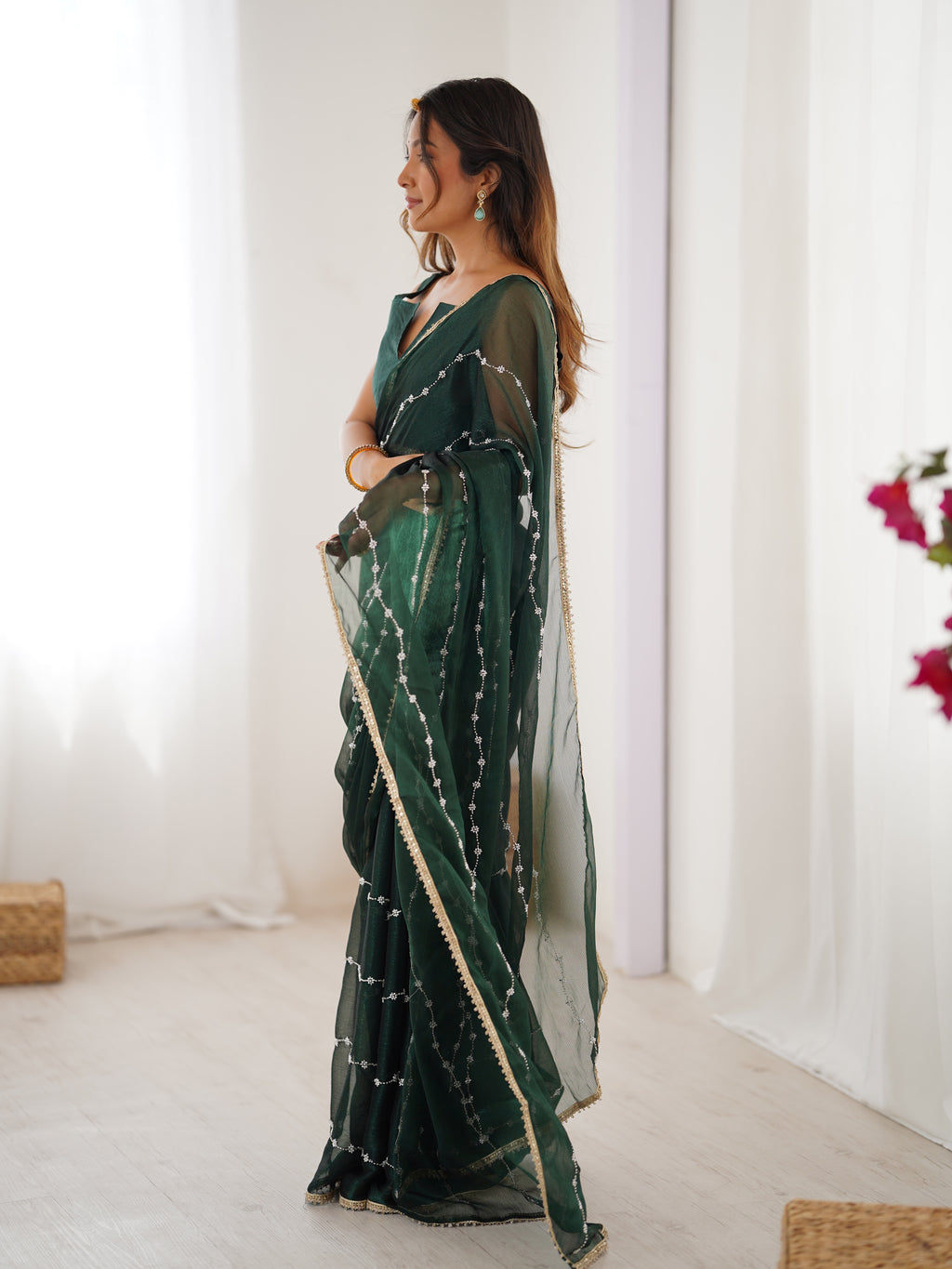 Emerald Green Sitara Chiffon Saree | Beads Moti & Val Sequance Embroidery with Lace Border