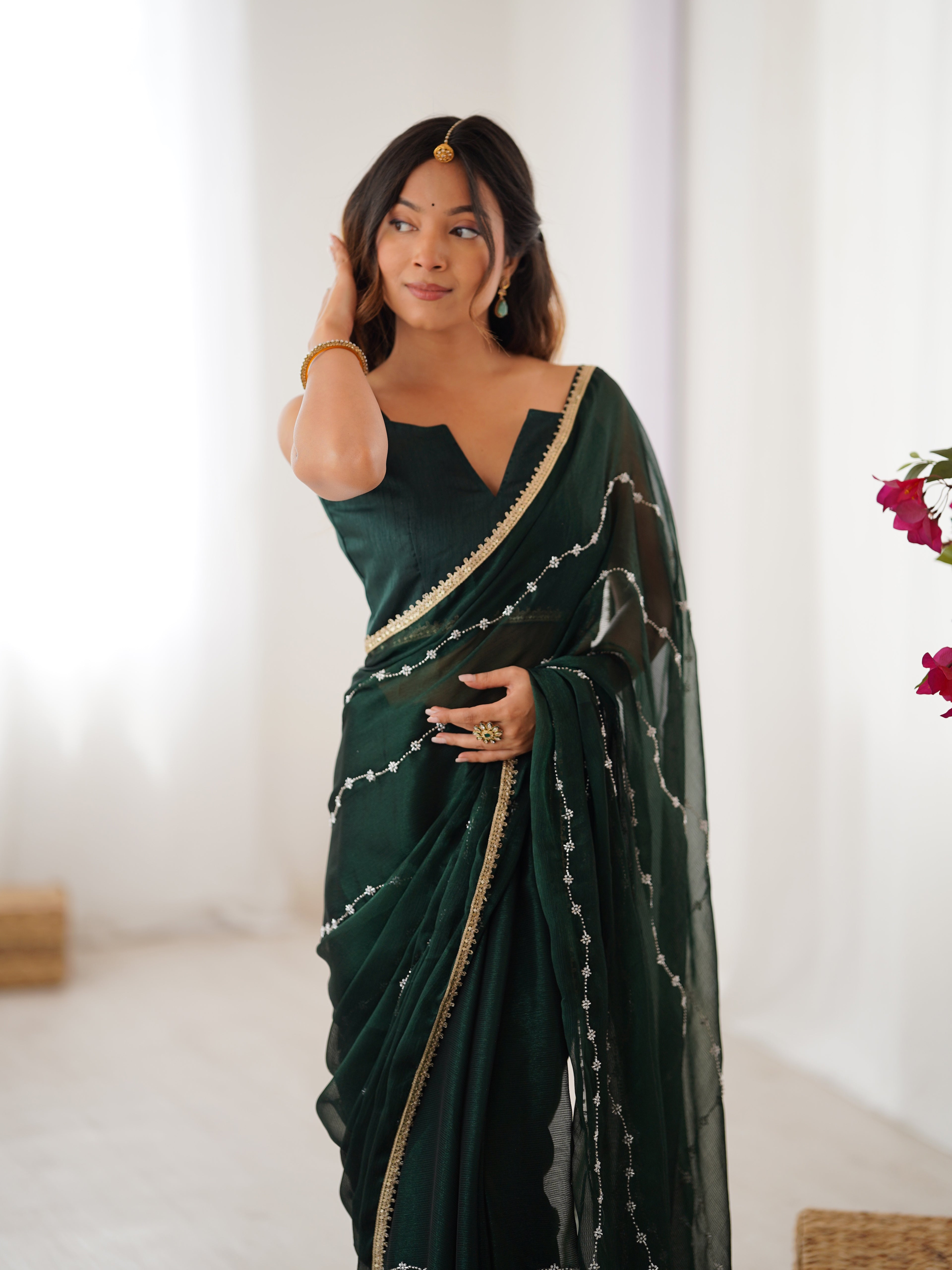 Emerald Green Sitara Chiffon Saree | Beads Moti & Val Sequance Embroidery with Lace Border
