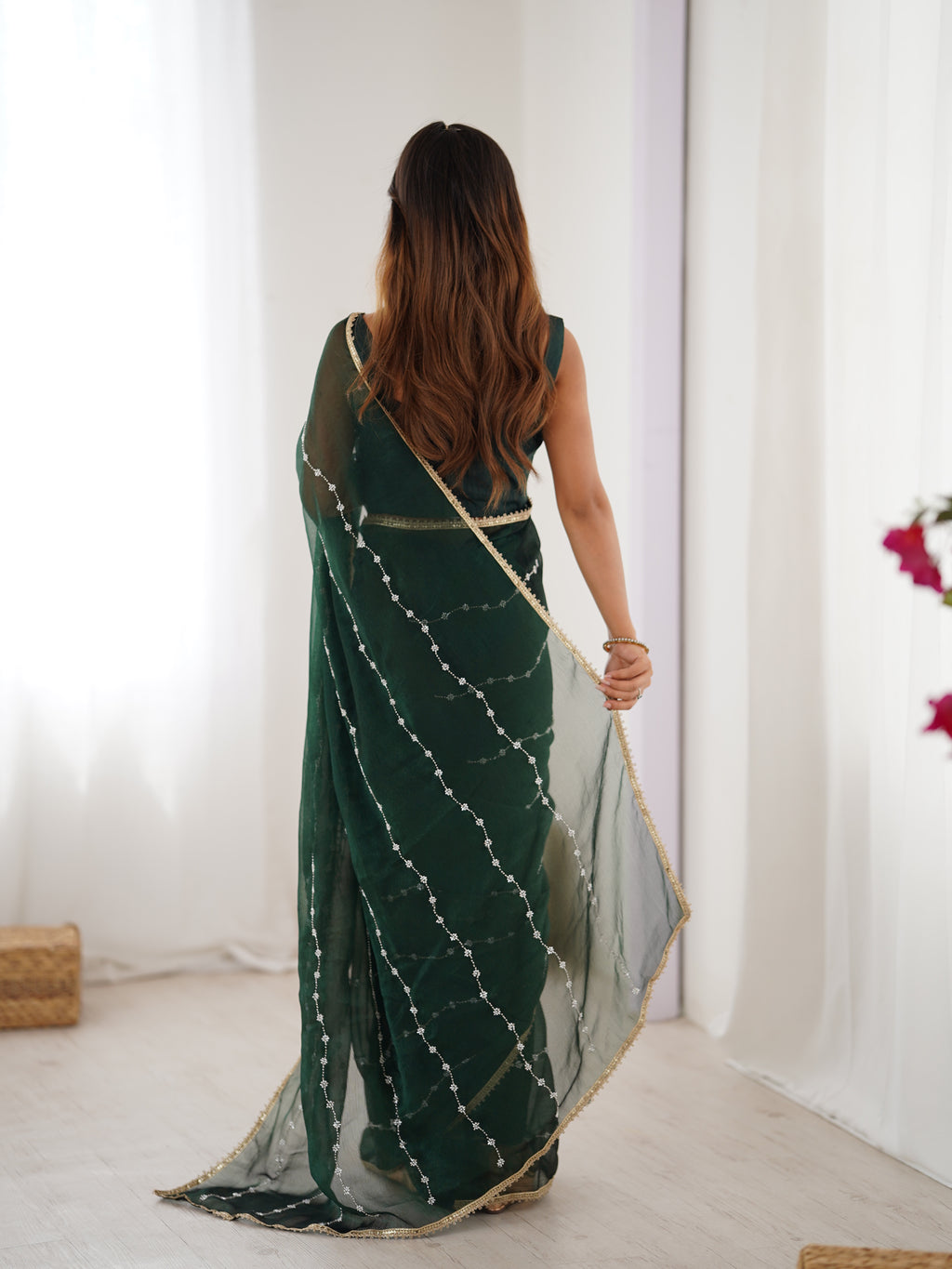Enchanting Green Sitara Chiffon Saree | Designer Beads Moti & Val Sequance Work