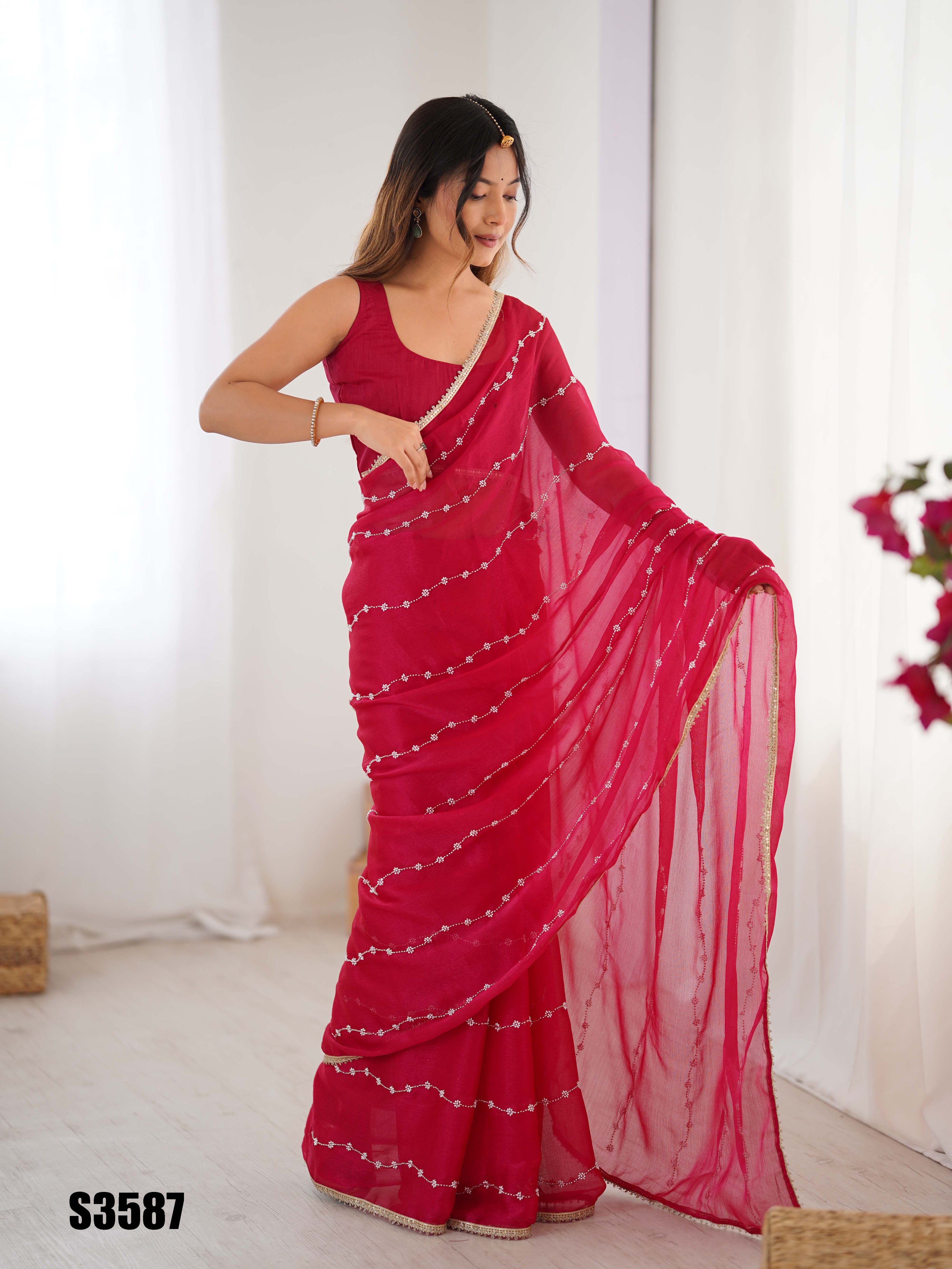 Delicate Pink Sitara Chiffon Saree | Designer Beads Moti & Val Sequance Work