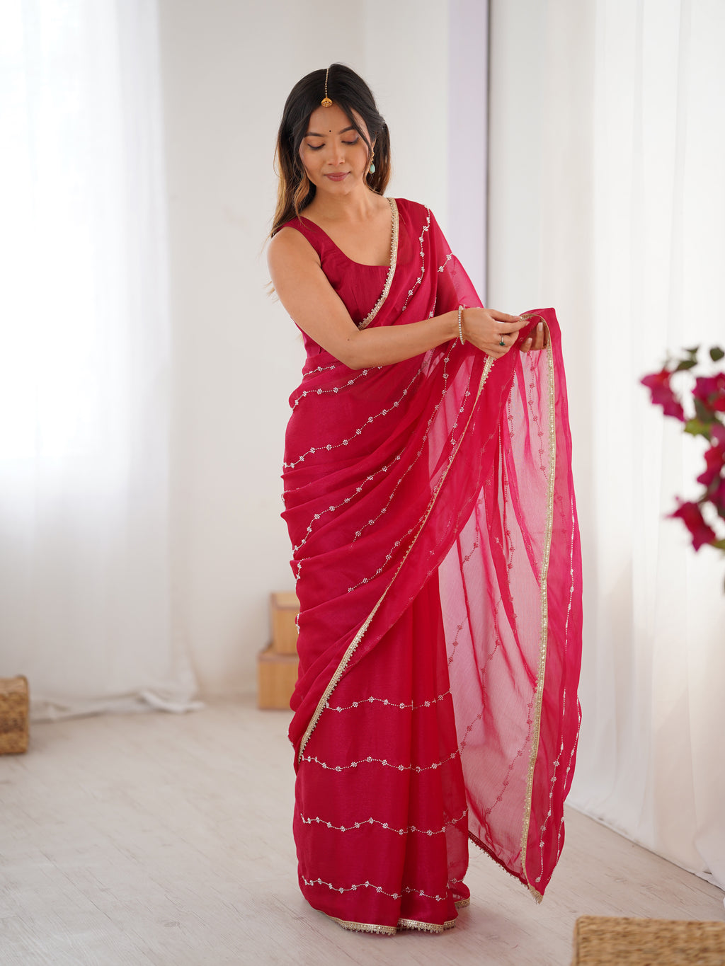 Delicate Pink Sitara Chiffon Saree | Designer Beads Moti & Val Sequance Work