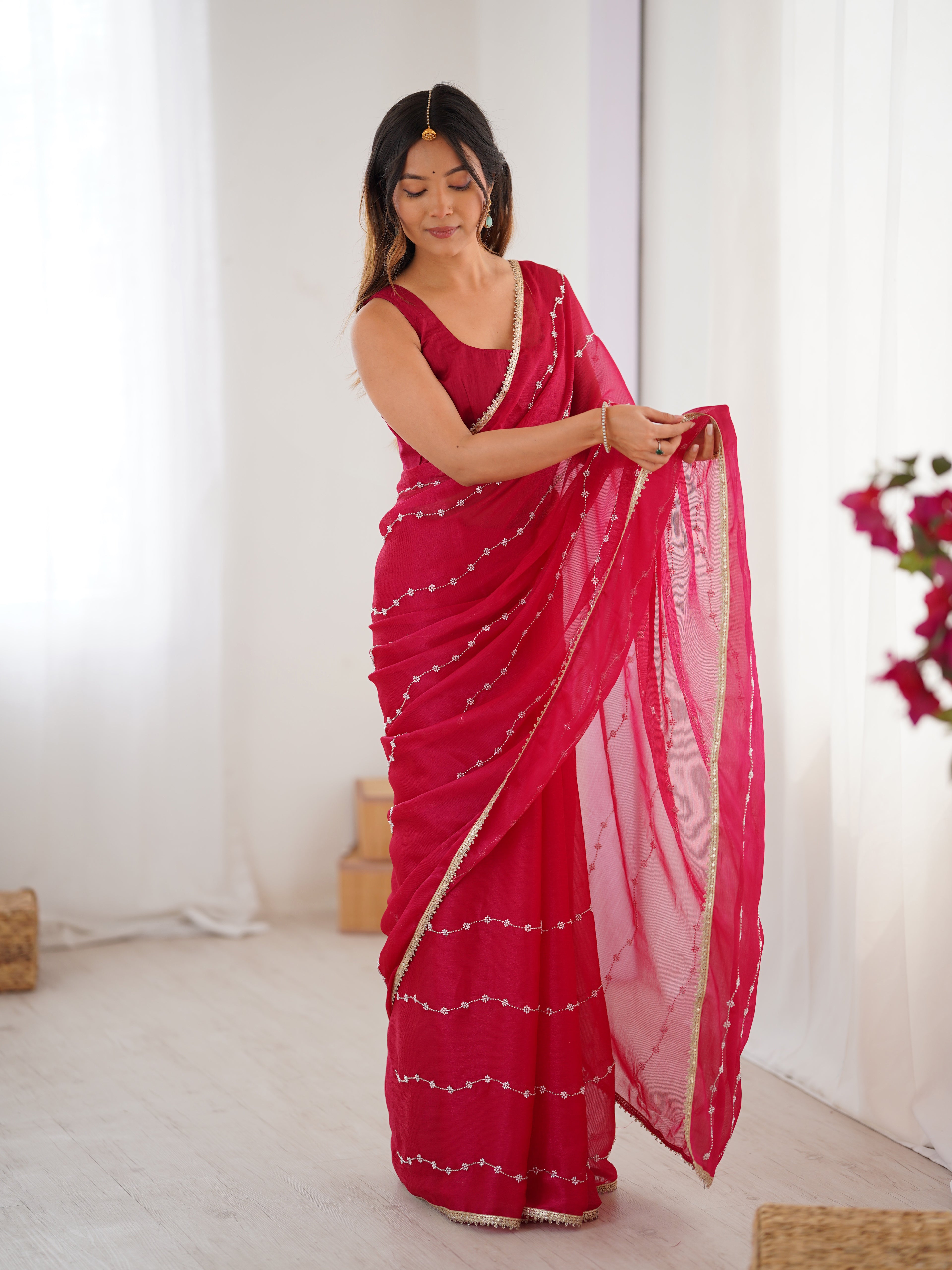 Delicate Pink Sitara Chiffon Saree | Designer Beads Moti & Val Sequance Work