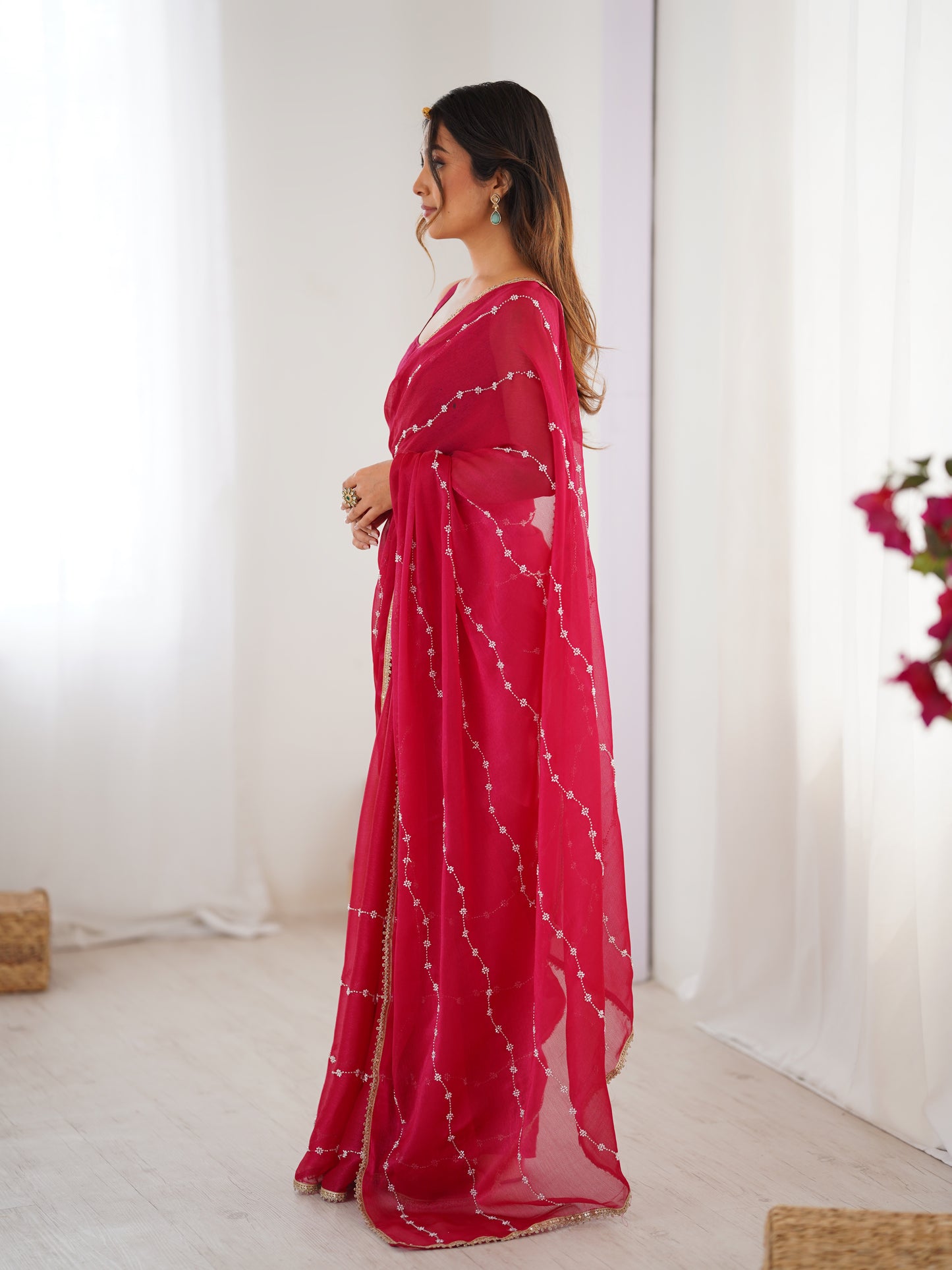 Delicate Pink Sitara Chiffon Saree | Designer Beads Moti & Val Sequance Work