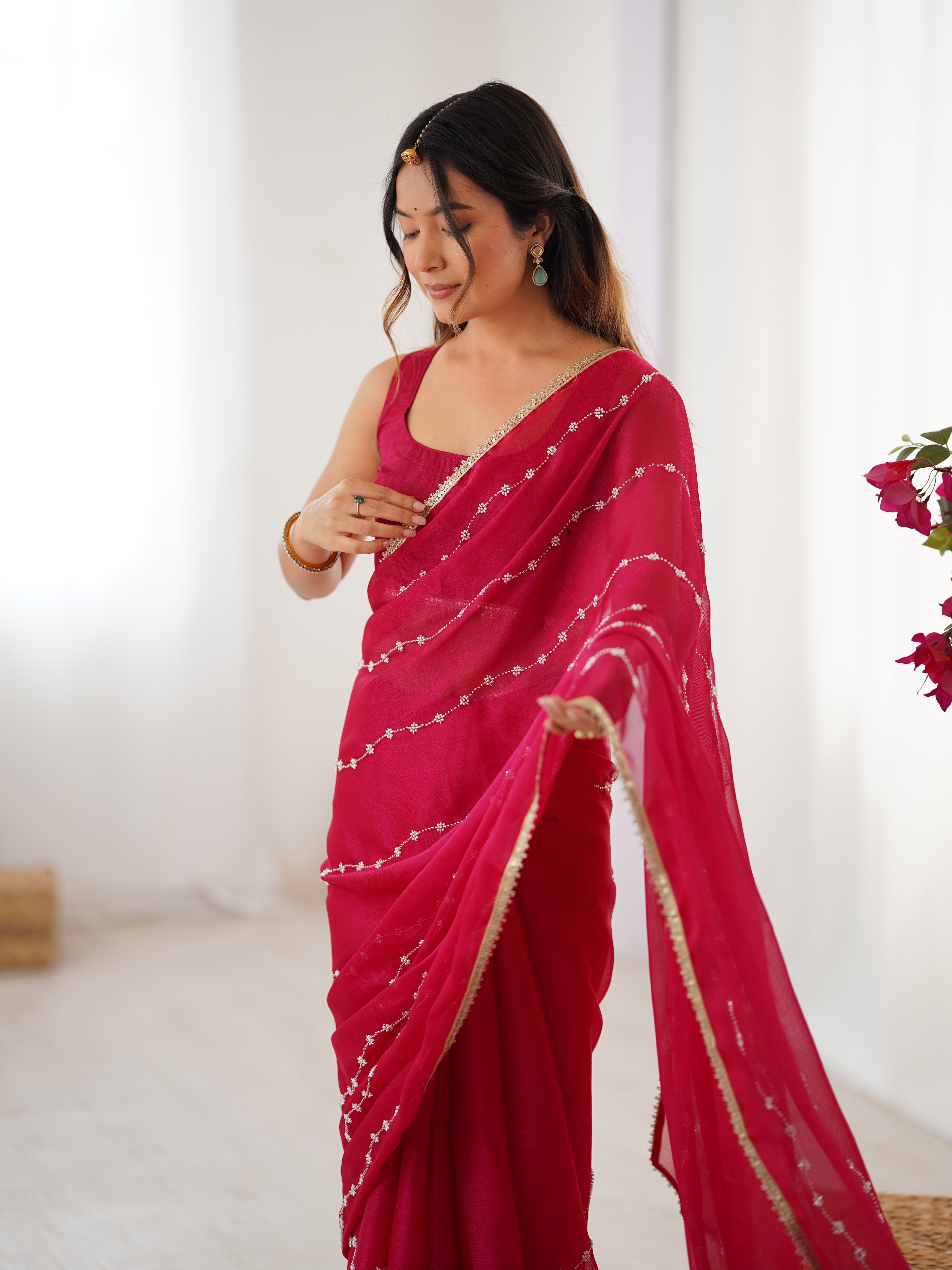 Soft Pink Sitara Chiffon Saree | Beads Moti & Val Sequance Embroidery with Lace Border