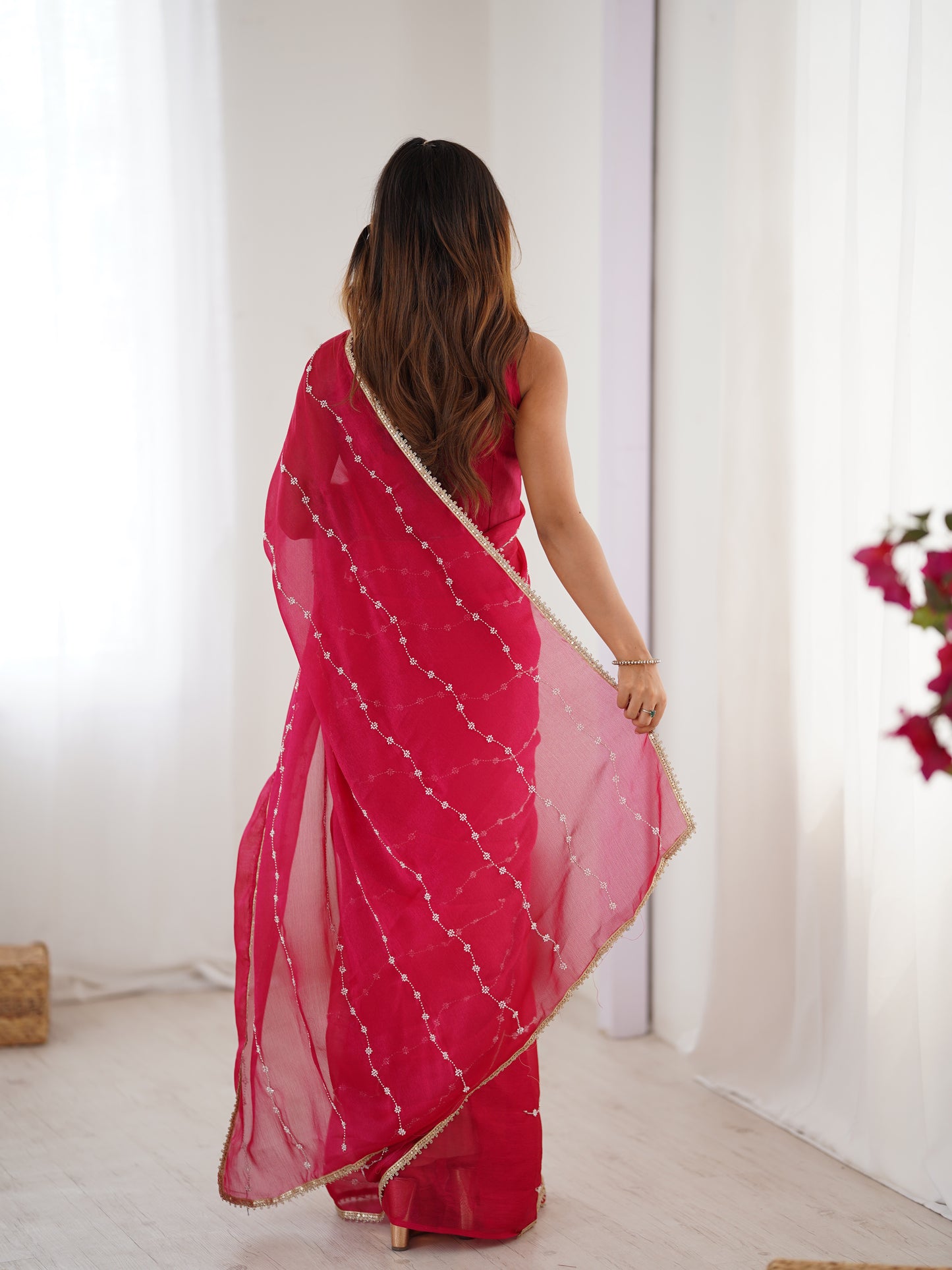 Delicate Pink Sitara Chiffon Saree | Designer Beads Moti & Val Sequance Work